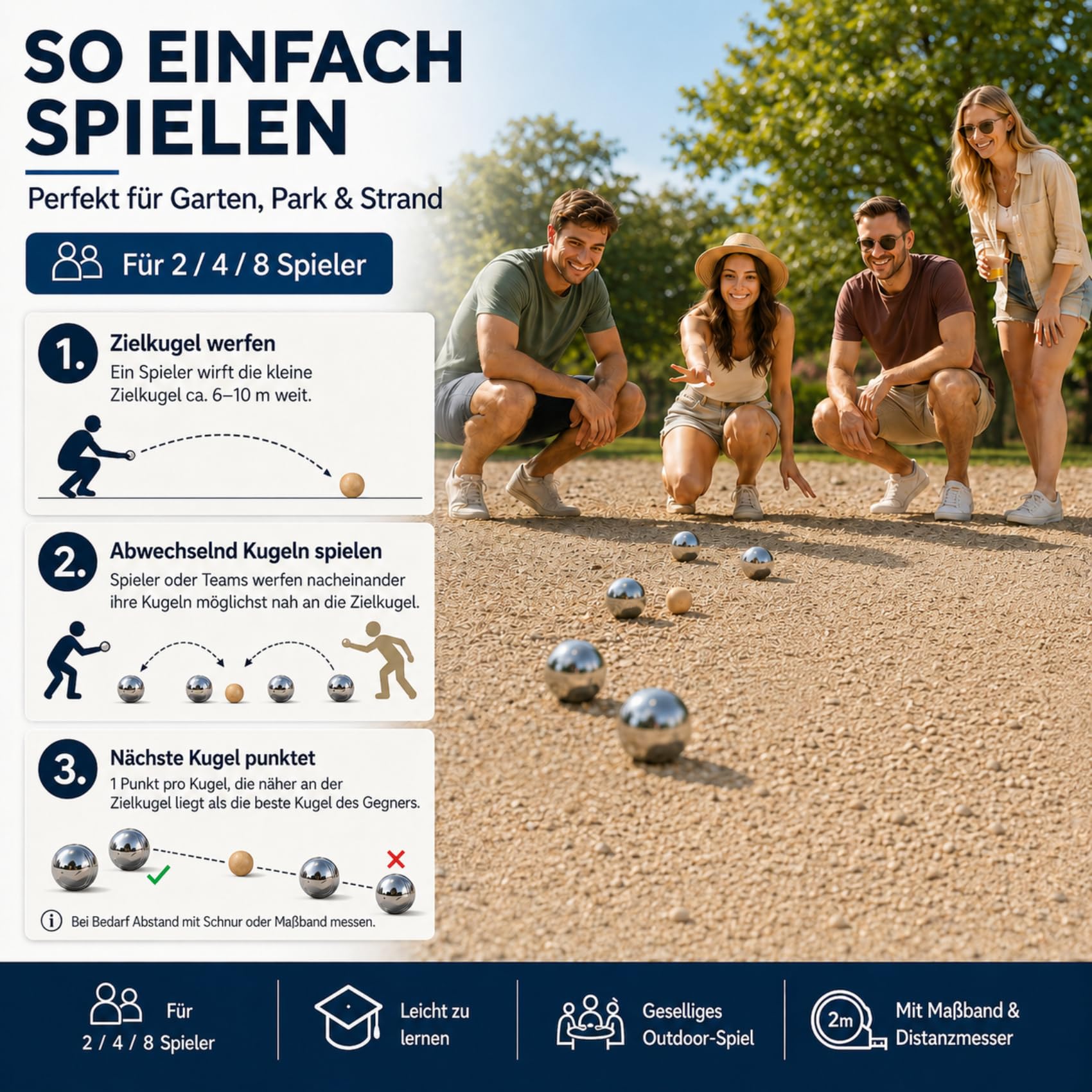 Homewit Boule Set mit 8 Metall Kugeln, Profi Boccia Kugeln mit Tragetasche, Petanque Set für Erwachsene, Gartenspiel Outdoor für Familie, Strand, Camping & Freizeit