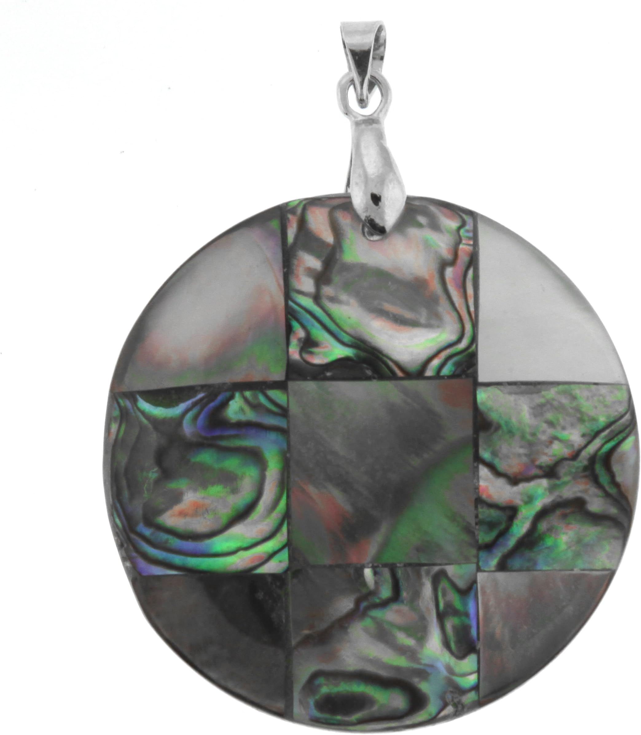 Abalone and Mother of Pearl Mosaic Style Round Pendant with 18" Rubber Choker