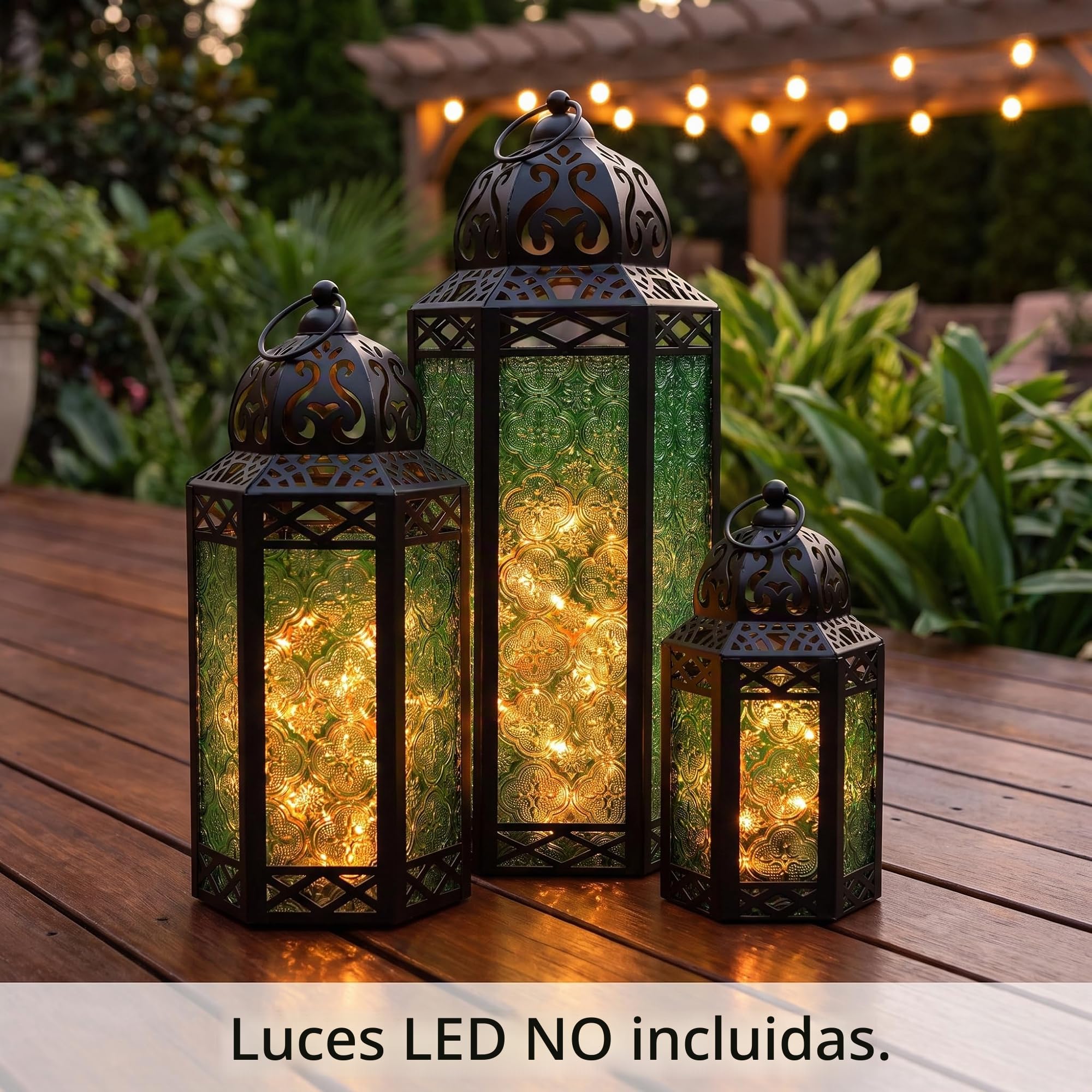 Vela Lanterns Juego de 3 faroles portavelas marroquíes Decorativos para Suelo, decoración de Ramadán, decoración Interior del hogar, Patio al Aire Libre o Porche, Halloween, Bodas, Verde