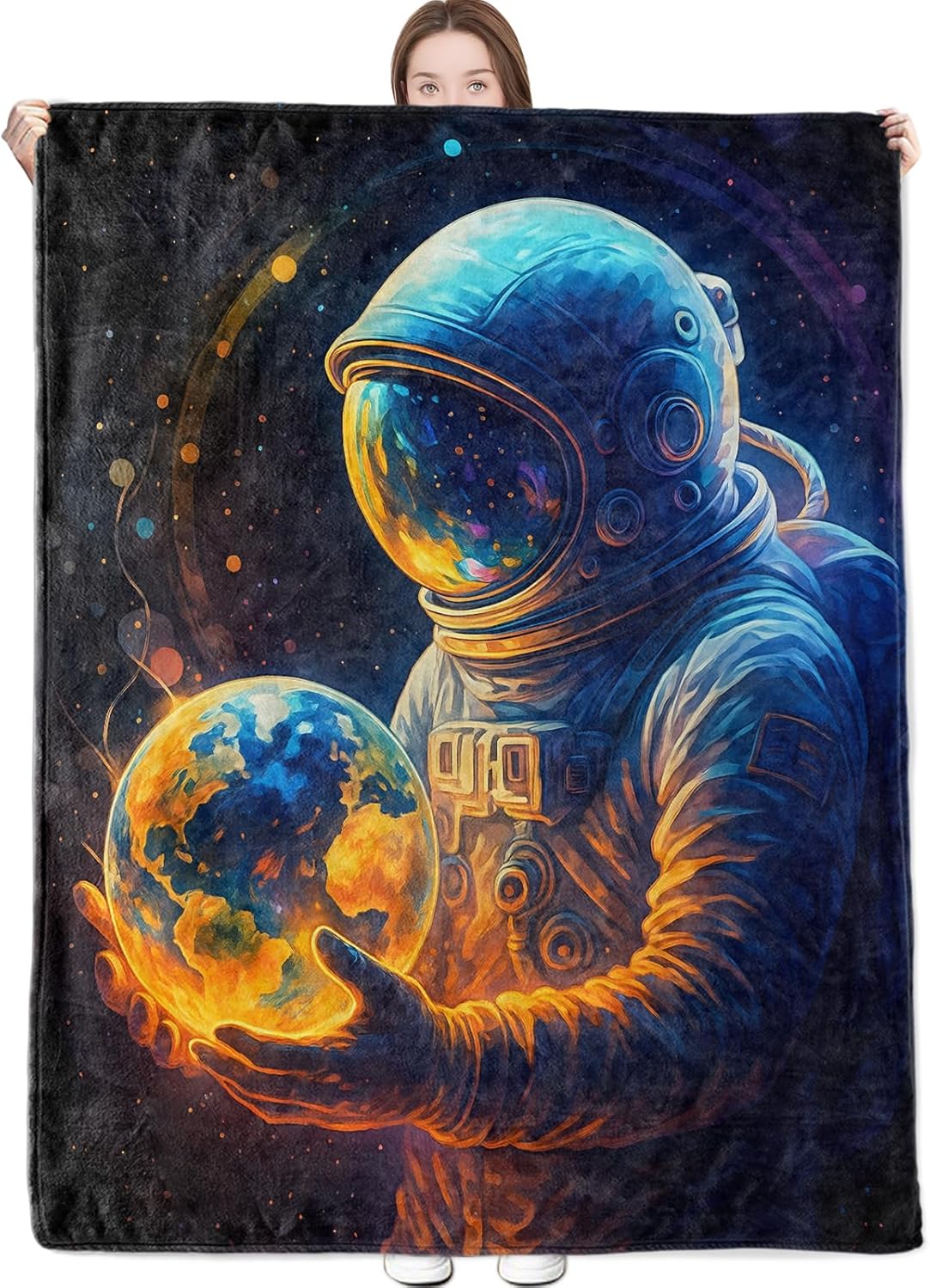 Astronaut Earth Blanket Cosmic Style Throw Blankets with Glowing Planet in Space Art Design Lightweight Flannel Throws for Camping Couch Chair Bed Home Decor Gifts for Adults,60x50inch