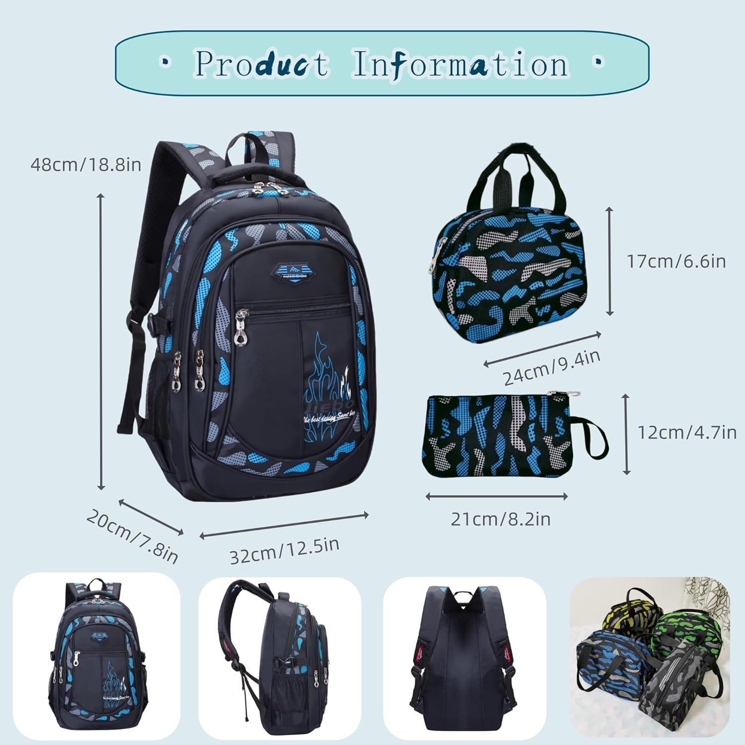 3Pcs Camo-Print Primary School Backpack and Lunch-Bag Set for Boys Camouflage Elementary Bookbag Rucksack Waterproof - Image 3