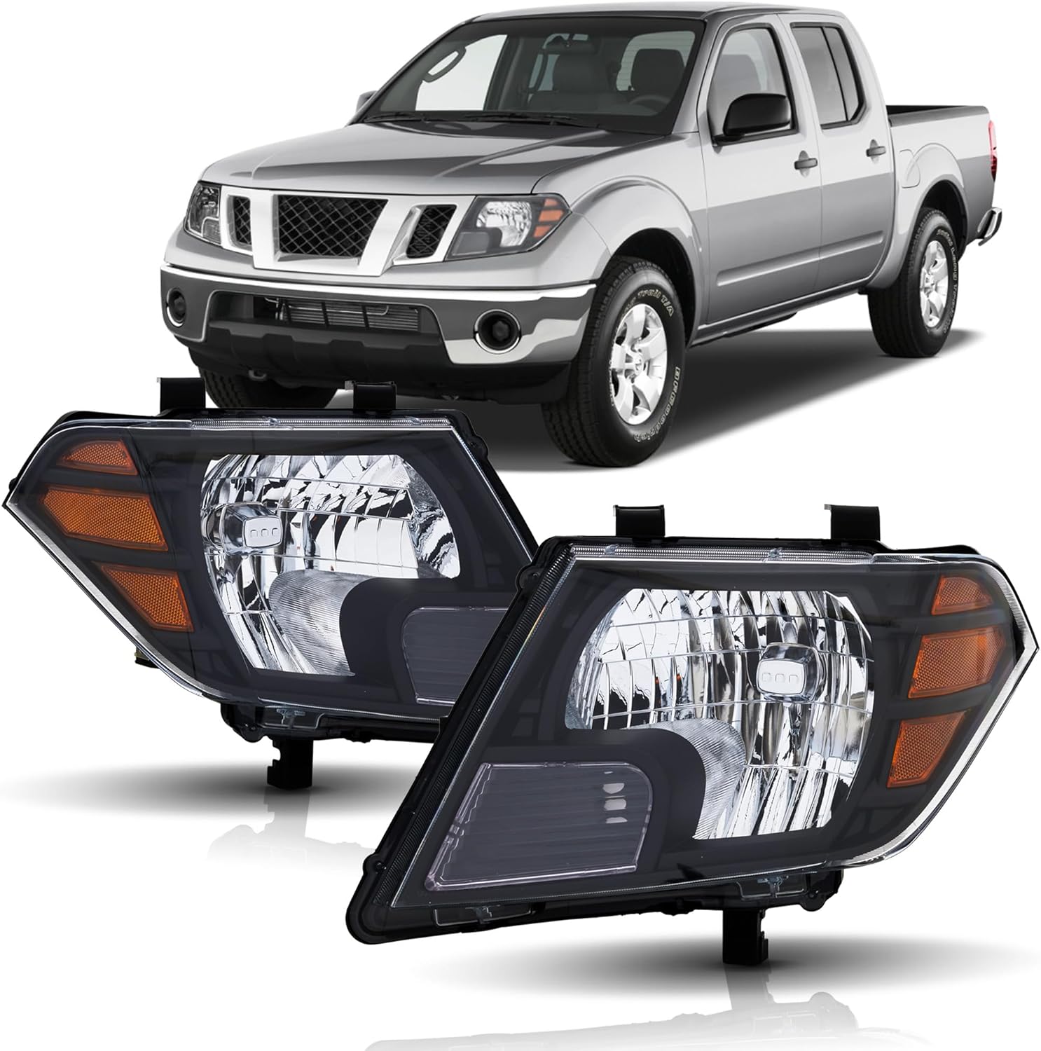 Headlights Assembly Compatible with 2009-2021 Nissan Frontier Head Lamps Driver and Passenger Side, Black Housing Amber