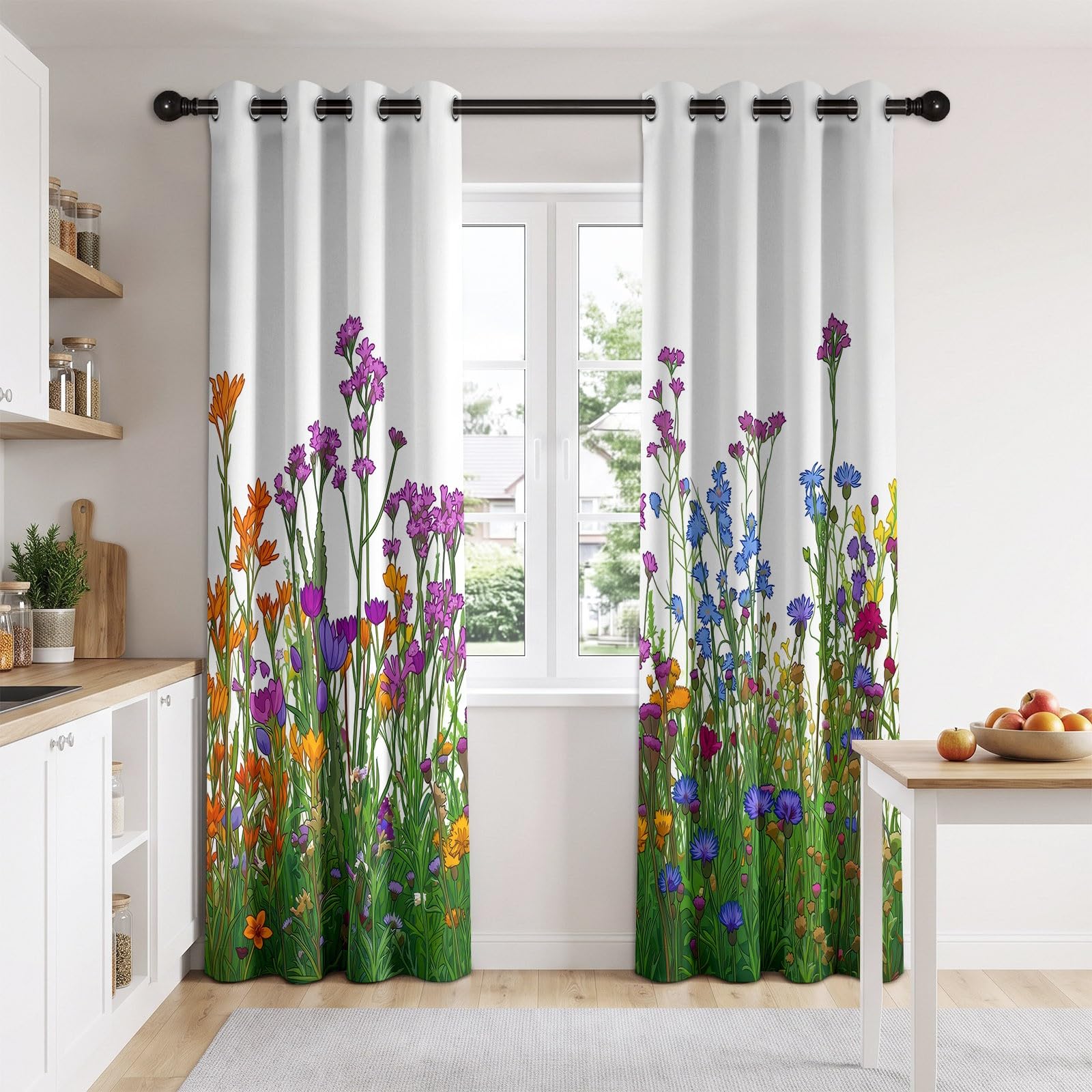 245 x 140 cm (wys. x szer.), wiejskie, botaniczne, zielone liście, dzikie kwiaty, zestaw 2 paneli, wiejskie zasłony zaciemniające do sypialni, salonu, zasłony okienne