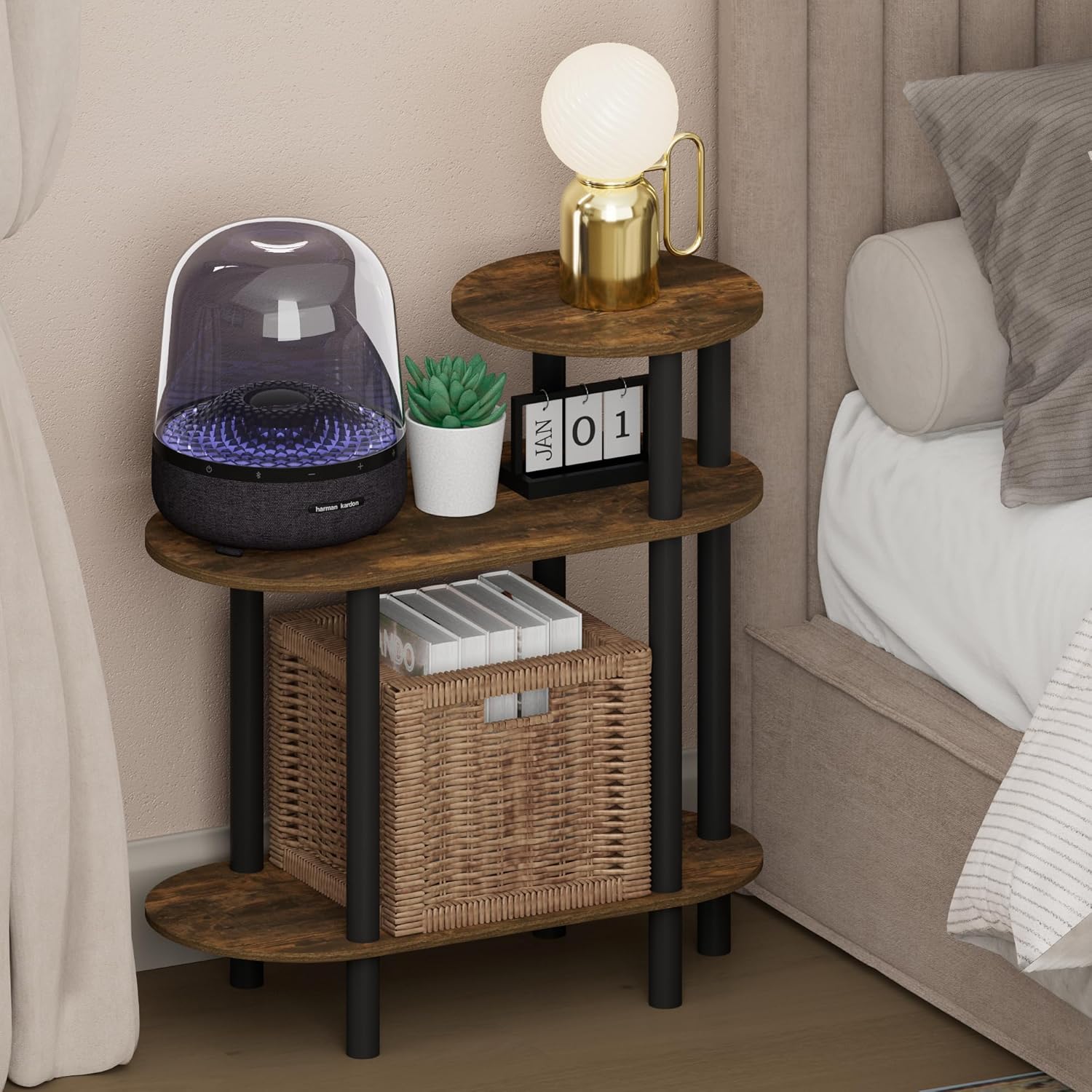 Furinno Turn-N-Tube Night Stand, 3-Tier Oval Sofa Nightstand with Open Shelf, Toolless Assembly Narrow End Table, Side Table, Bedside Table, for Bedroom, Closet, Dorm, Espresso
