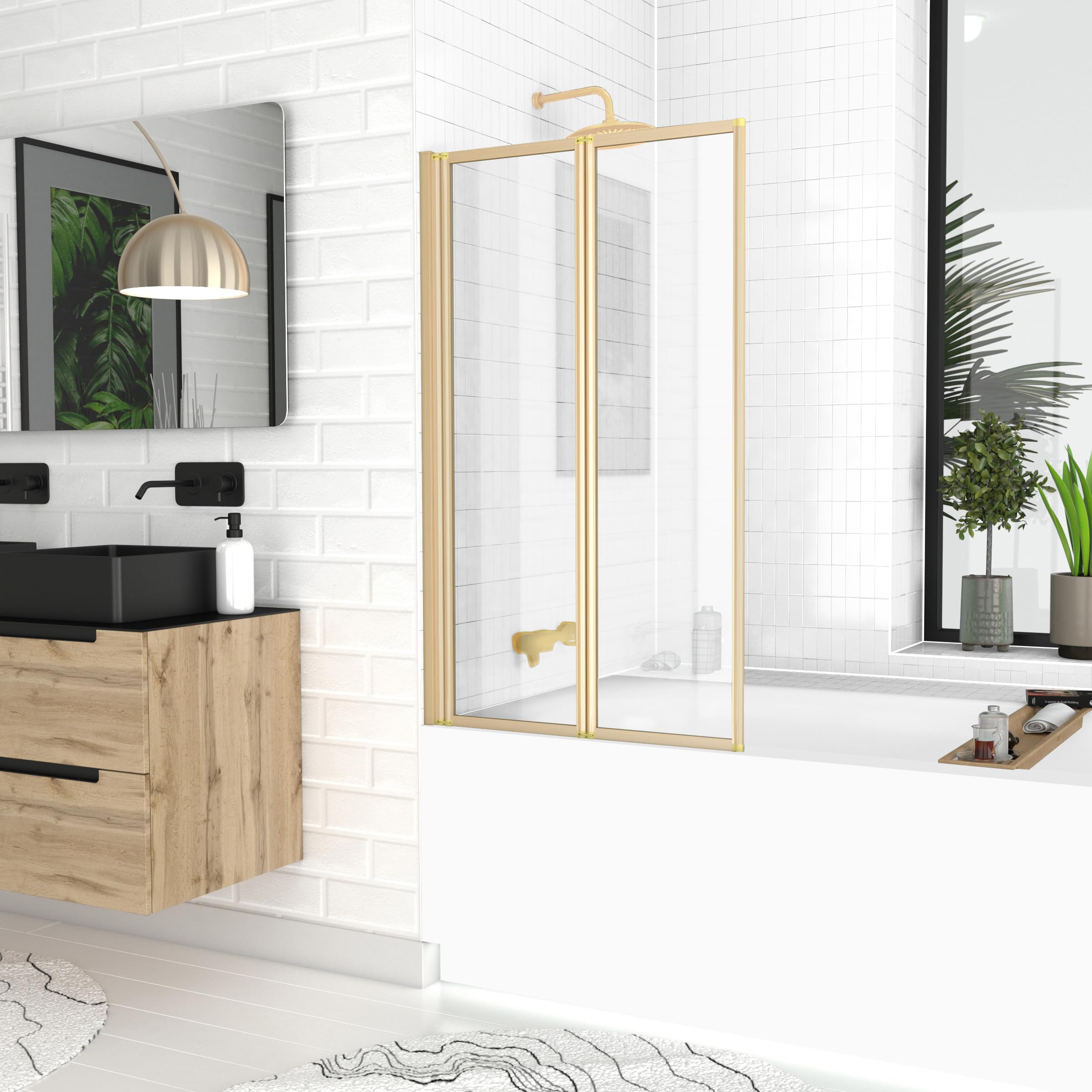 Marwell Mampara plegable doble dorado 120 x 70 cm, para bañera con cristal de seguridad 4 mm, dos paredes plegables giratorias, marco de aluminio de
