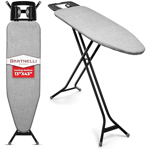 Bartnelli Extreme Stability Ironing Board 43x13 Upgraded Heavy-Duty Metal Frame & Iron Rest, Height Adjustable, Foldable, 4 Non-Skid Feet, 100% Cotton Cover, Made with Patent European Engineering