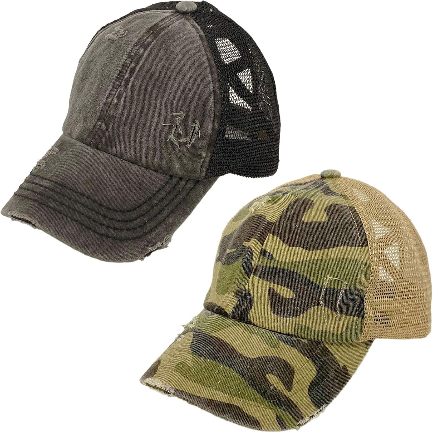 C.C Ponytail Criss Cross Messy Buns Ponycaps Baseball Cap Dad Trucker Mesh Hat (1 Distressed Black + 1 Distressed Camo Olive)