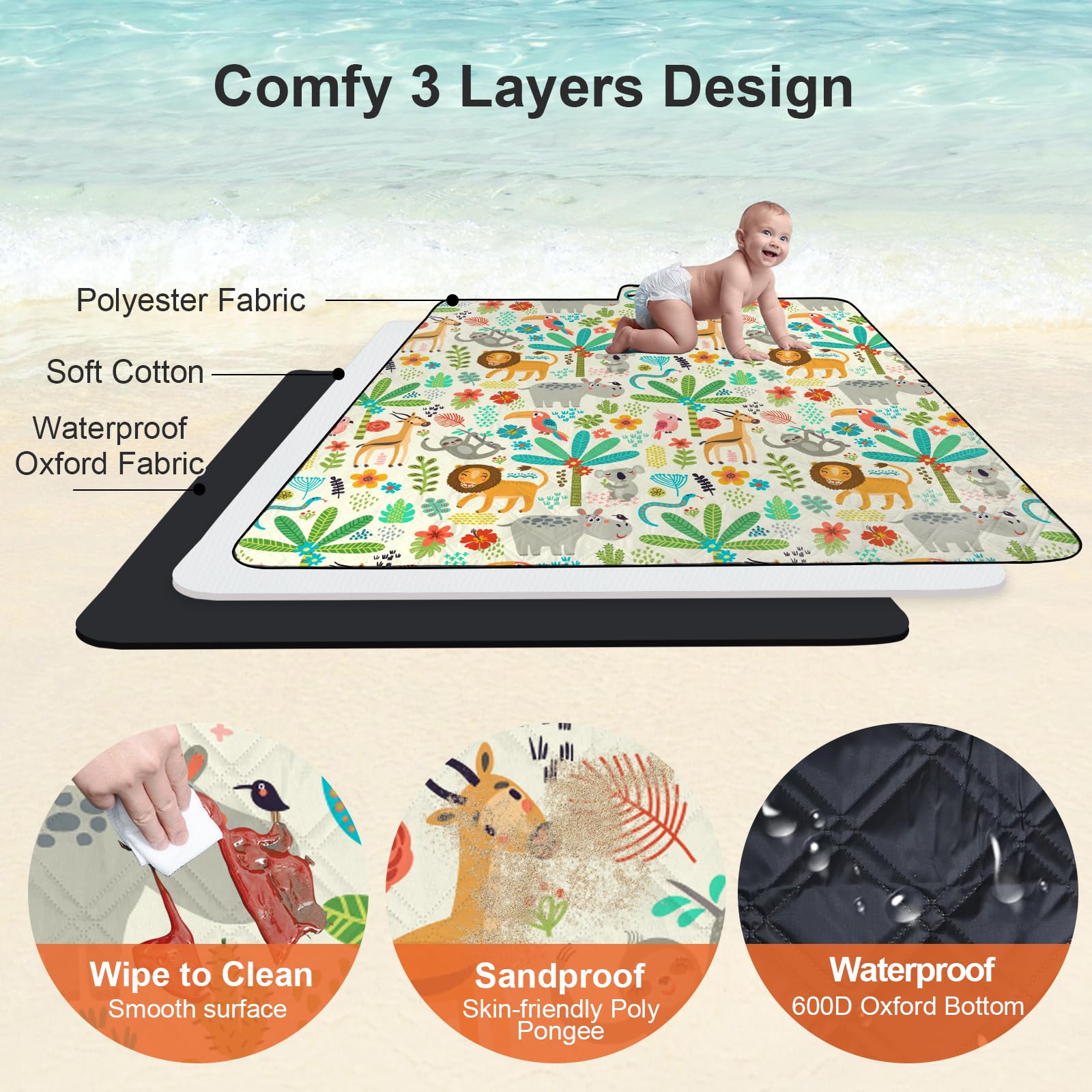 Grande coperta da picnic da zoo impermeabile pieghevole, 200x200 cm Coperte da esterno portatile compatto tappeto erboso accessori da campeggio per spiaggia viaggi a prova di sabbia