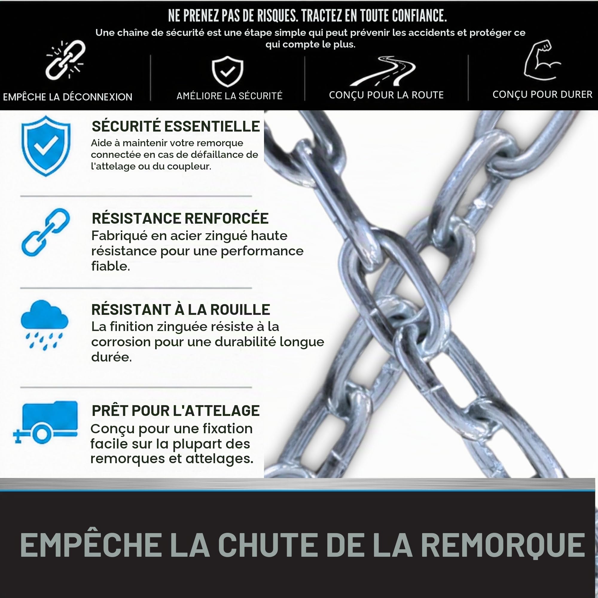 Tie Down Chaînes de sécurité pour remorque avec Crochets – Kit de sécurité pour Bateau – Chaîne de remorquage de 38,1 cm