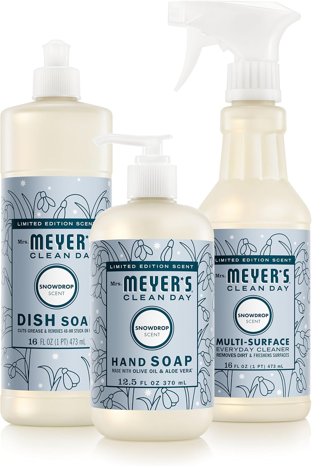 Mrs. MEYER'S CLEAN DAY Kitchen Basics Set, Snowdrop Scent Cleaning Supplies includes Hand Soap (12.5 Fl Oz), Dish Soap (16 Fl Oz) and Multi-Surface Cleaner (16 Fl Oz)