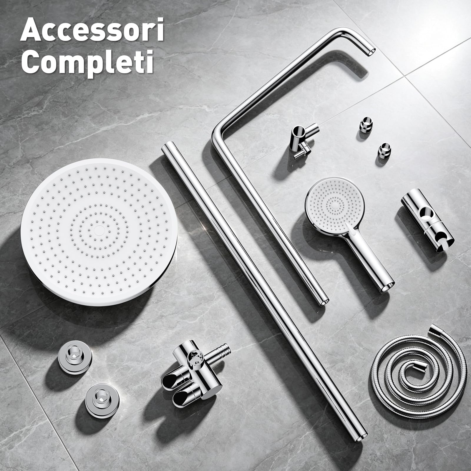 Colonna Doccia con Miscelatore, Soffione Doccia a Pioggia, Doccetta | Saliscendi Doccia, 3 Getti di Spruzzatura, Asta Doccia Regolabile 90–144 cm, Controllo Separato, Argento