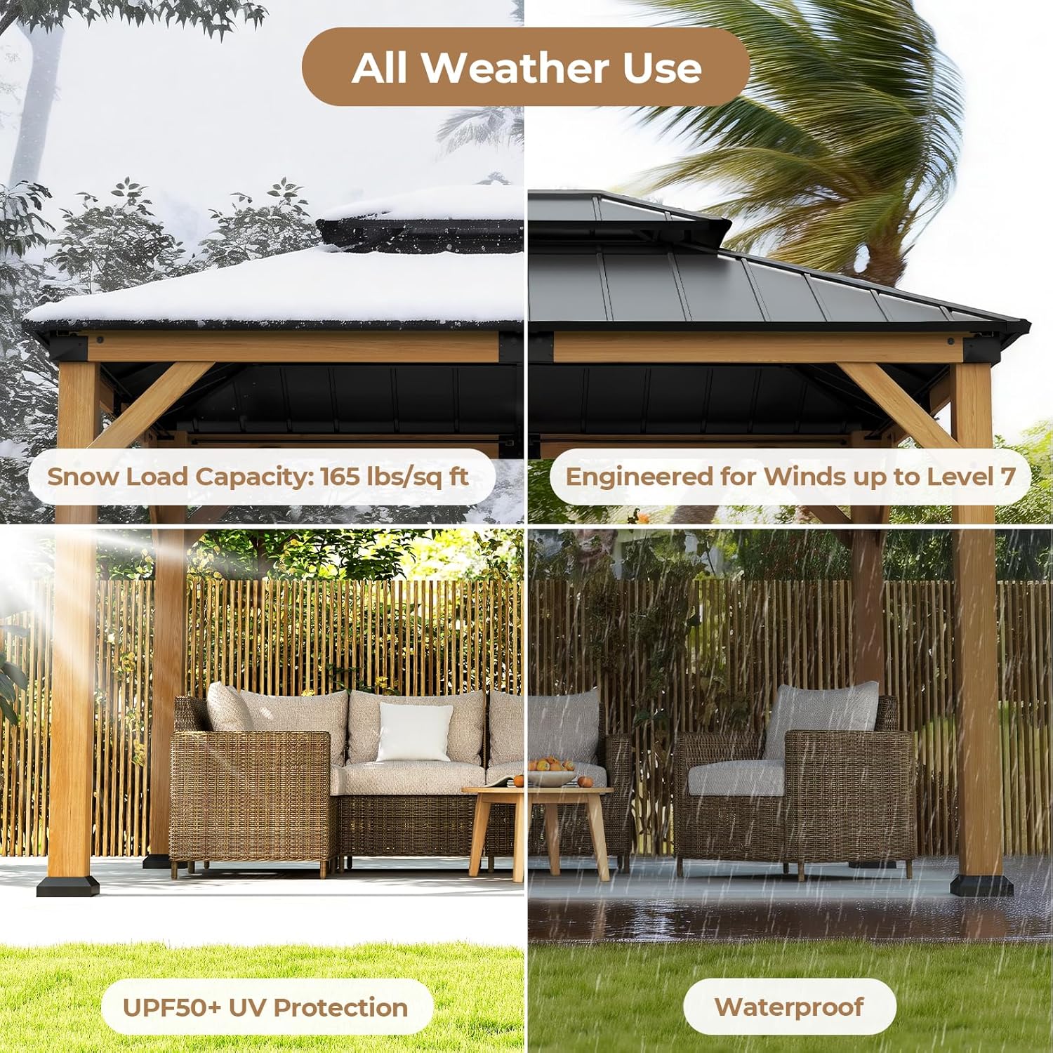 Jocoevol 10' X 12' Wood Gazebo Hardtop Outdoor Permanent Pavilion with Double Galvanized Steel Roof Snow Support, Wind Resistance for Backyard Garden, Lawns, Patio