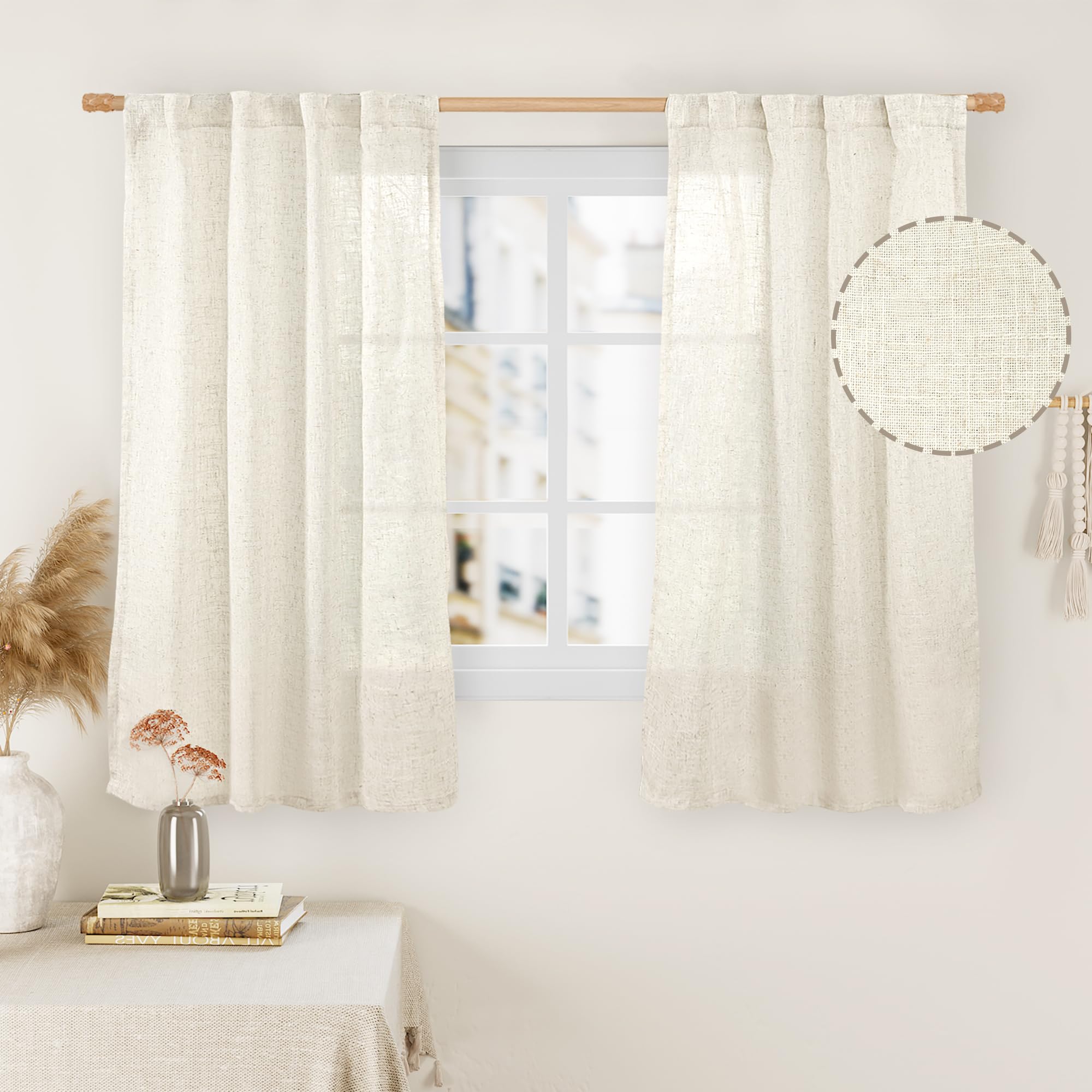 LAMIT 54 Inch Short Window Linen Curtains, Cream Ivory Light Filtering Panels Back Tab and Rod Pocket Neutral Drapes for Bedroom/Living Room, Natural,