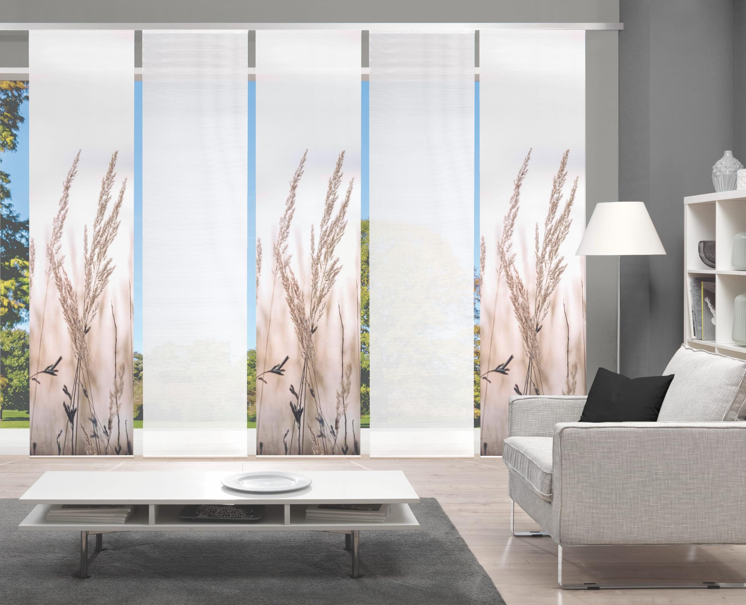 95372 | 5er-Set Schiebegardine 'RELVA', Digitaldruck auf Bambus-Optik, mit abstraktem Gräser-Motiv, 260x60cm, Farbe: Natur