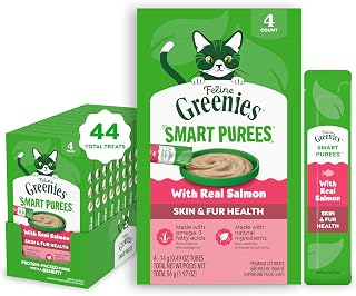 Greenies Feline Smart Purees Cat Treat, Skin & Fur Health, 4 Count, 11 Pack | Grain-free, Real salmon, Omega-3 from marine microalgae oil, no carrageenan, hydrating, complete & balanced, 0.49 oz. Tubes