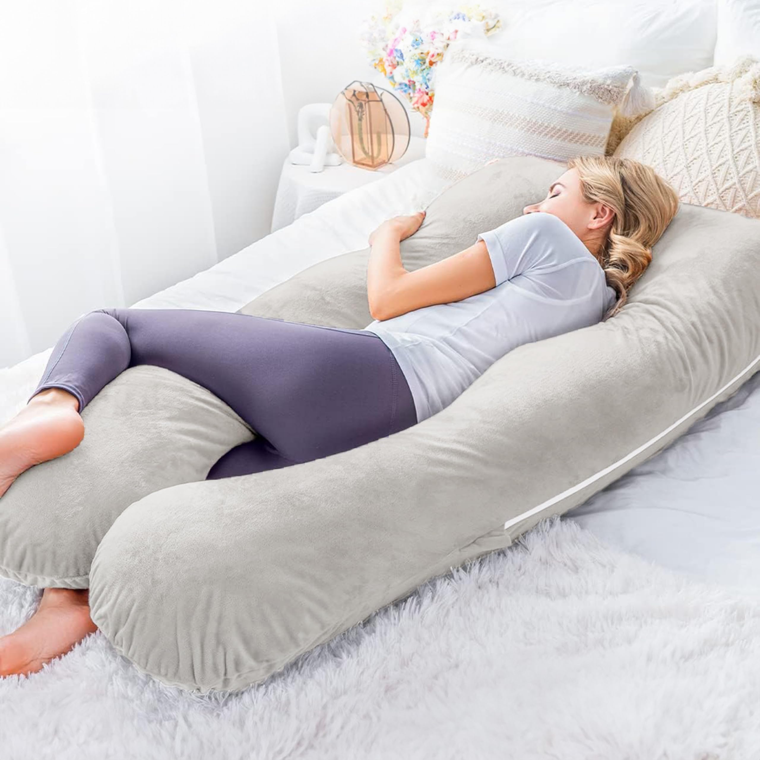 Cuscino per gravidanza, cuscino per dormire sul lato, 140 x 80 cm a forma di U con fodera rimovibile, cuscino per il corpo, grigio chiaro