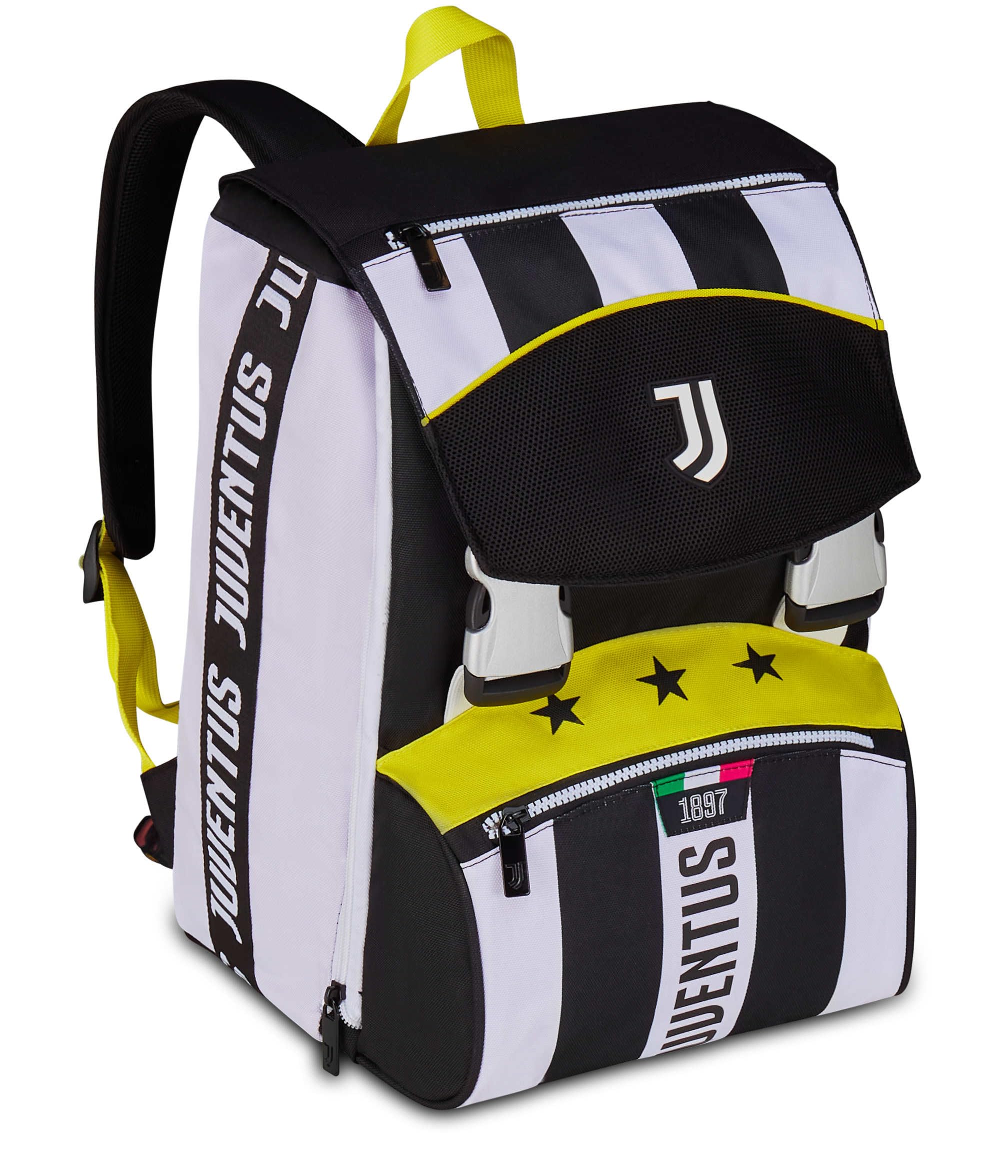 Seven Juventus Zaino Doppio Scomparto Estensibile, Bianco e Nero, Maxi Capienza, Schienale Preformato, Bambino, Scuola Elementare, Calcio