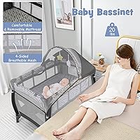 Vista 6 de HONEY JOY Pack and Play, centro de guardería plegable 4 en 1 con moisés infantil de tamaño completo y cambiador de pañales, cuna portátil para niños