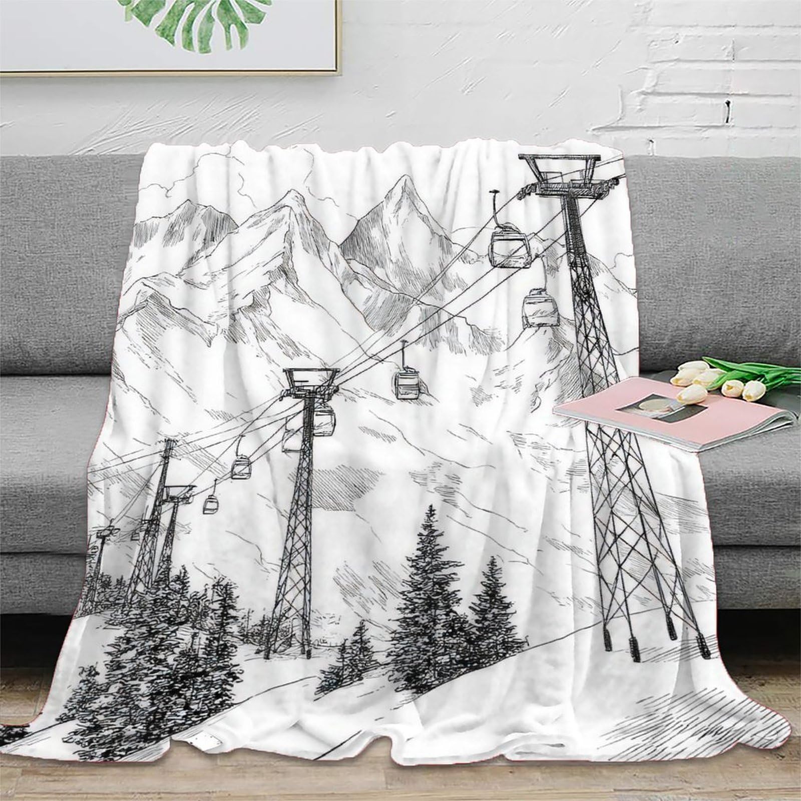 Plaid ski lift 150x200cm en microfibre imprimée 3D couverture de montagne lavable