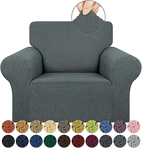 KEKUOU Stretch Single Sofa Slipcover 1 Piece Couch Sofa Cover (31"-55") Furniture Protector 1 Seater Sofa with Elastic Bottom for Kids,Pet.Jacquard Small Checked Pattern Fabric(Small,Grey)