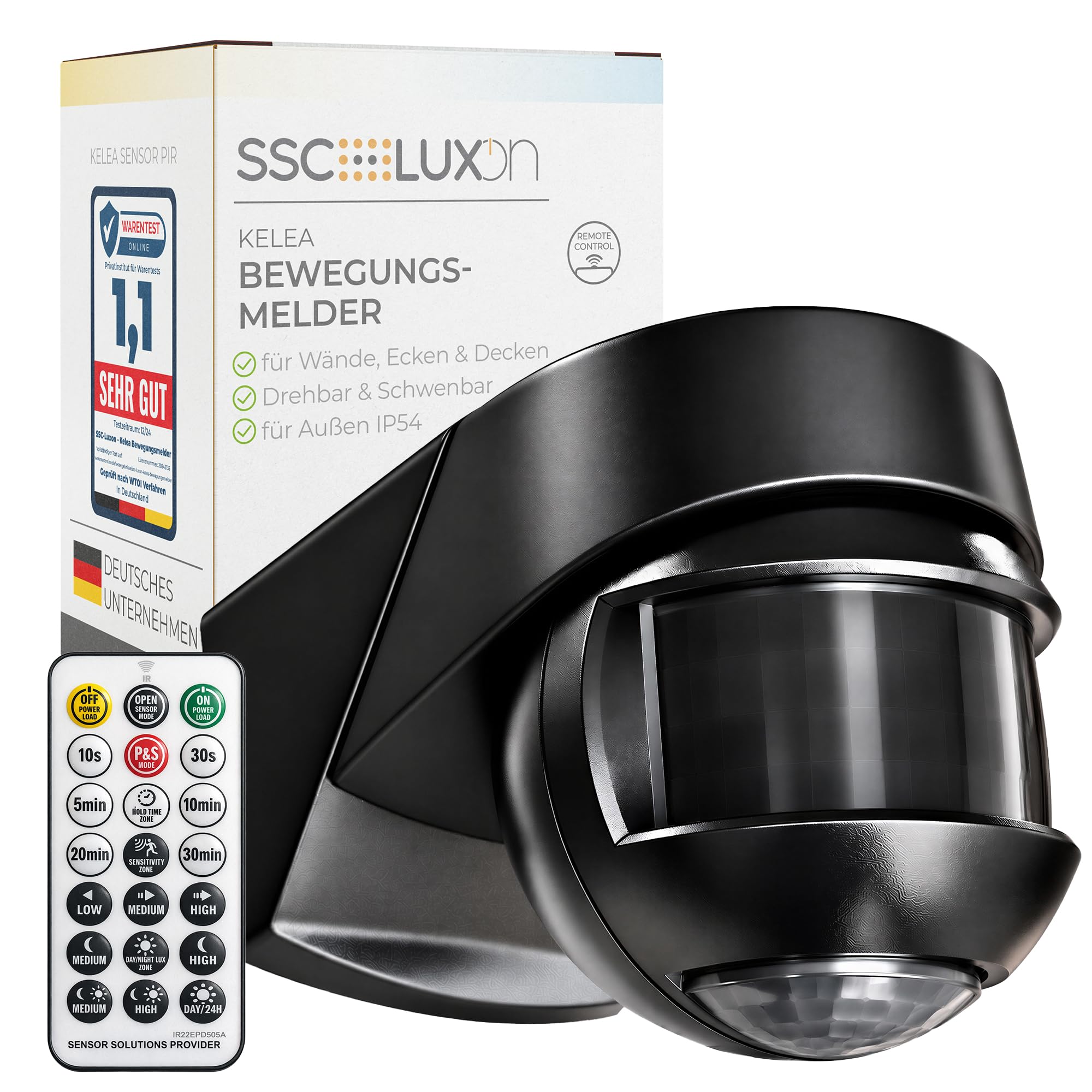 SSC-LUXon KELEA Motion Sensor Surface-Mounted IP54 Black - PIR Motion Sensor Including Remote Control 180 & 360 Degree Twilight Sensor - For Indoor and Outdoor Use