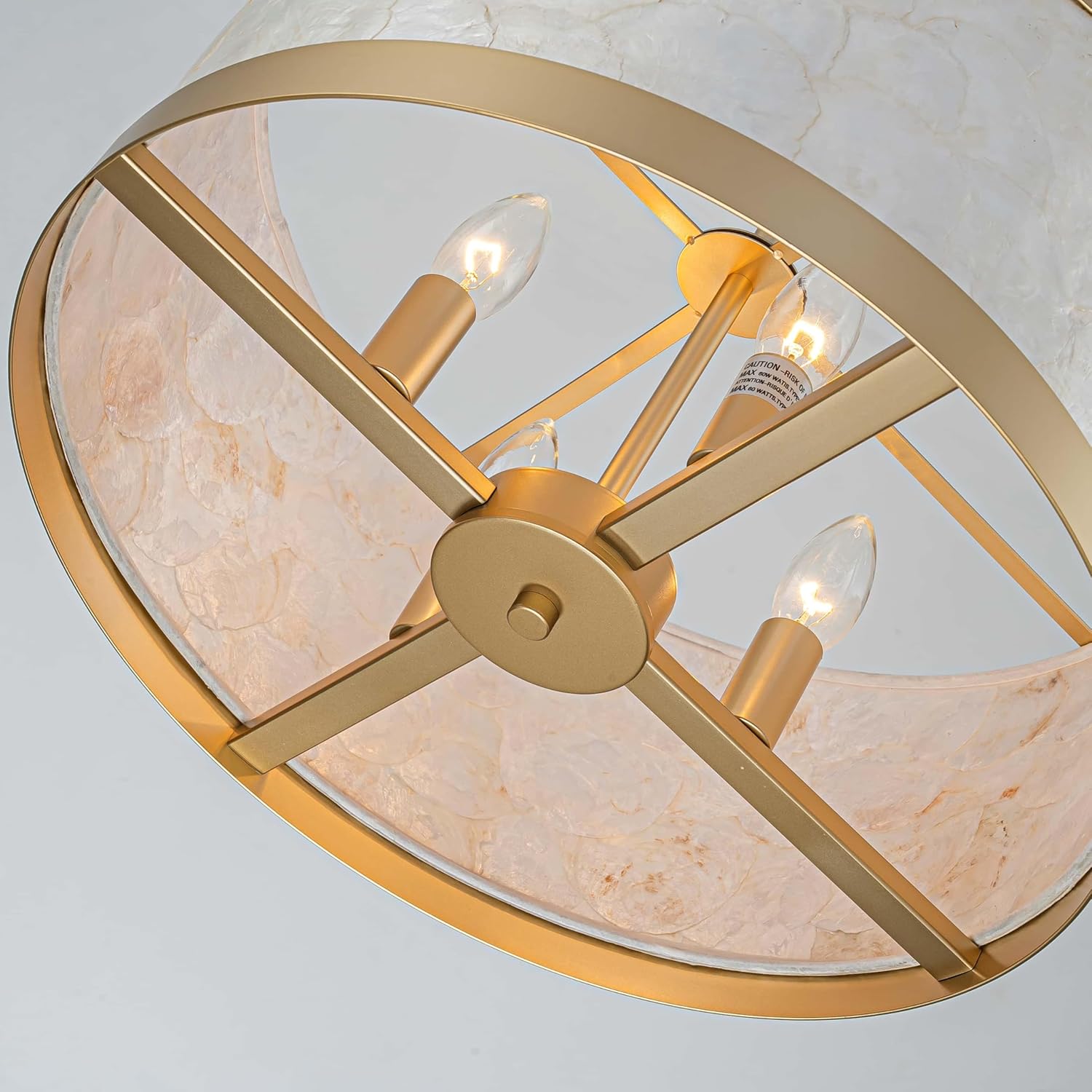 5-Light Drum Capiz Shell Chandeliers, Coastal Style 2-Tiers Pendant Light Fixture for Dining Room, Living Room, D17.7*H17~47 Inch (Adjustable Height), Shell Lampshade & Gold Finish