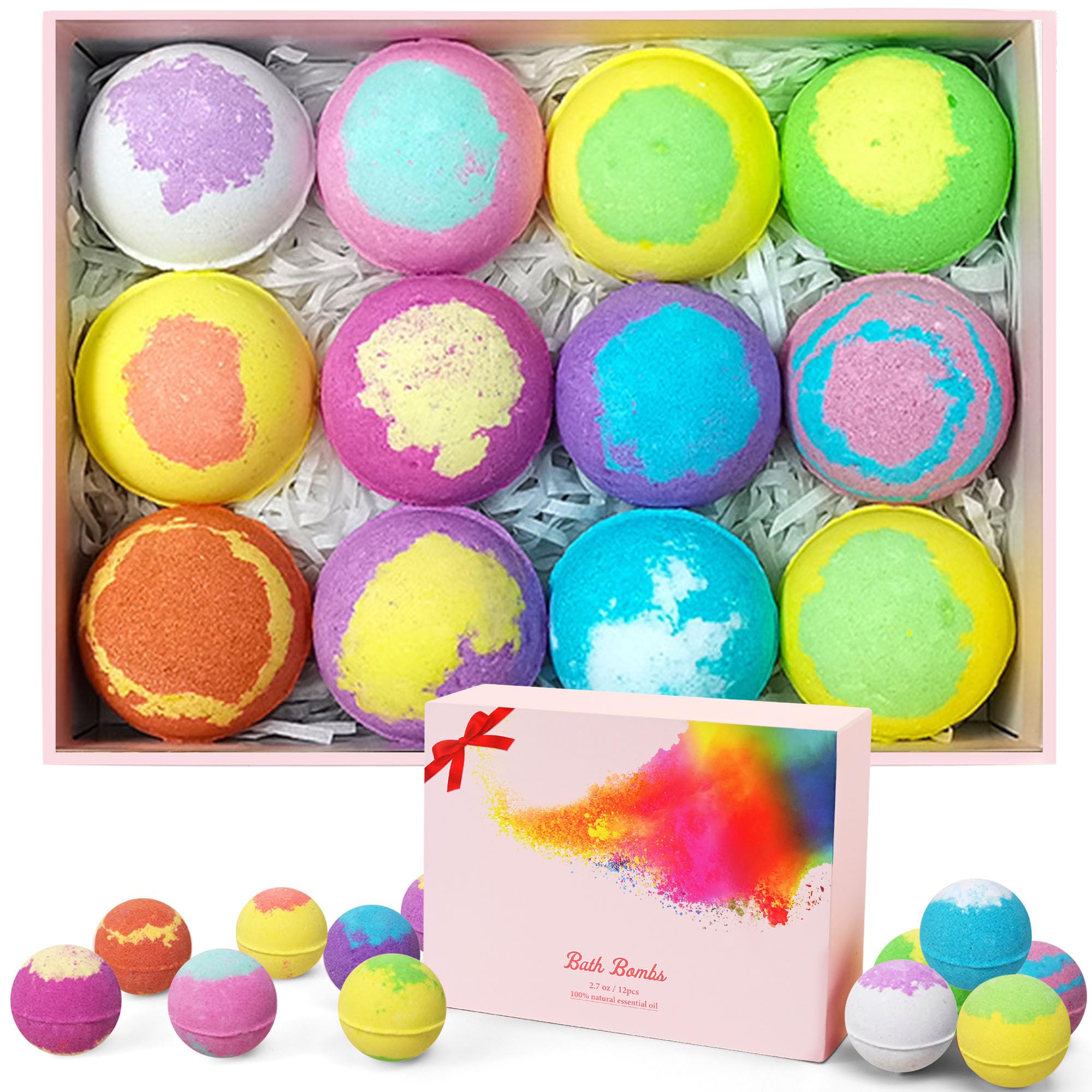 Bath Bombs Gift Set, 12 Pcs Natural Shea Butter & Safe Oil Skin Moisturizing Bath Bomb, SPA Relaxing Gifts with Essential Oil, Ideal Birthday Christmas Gift for Women