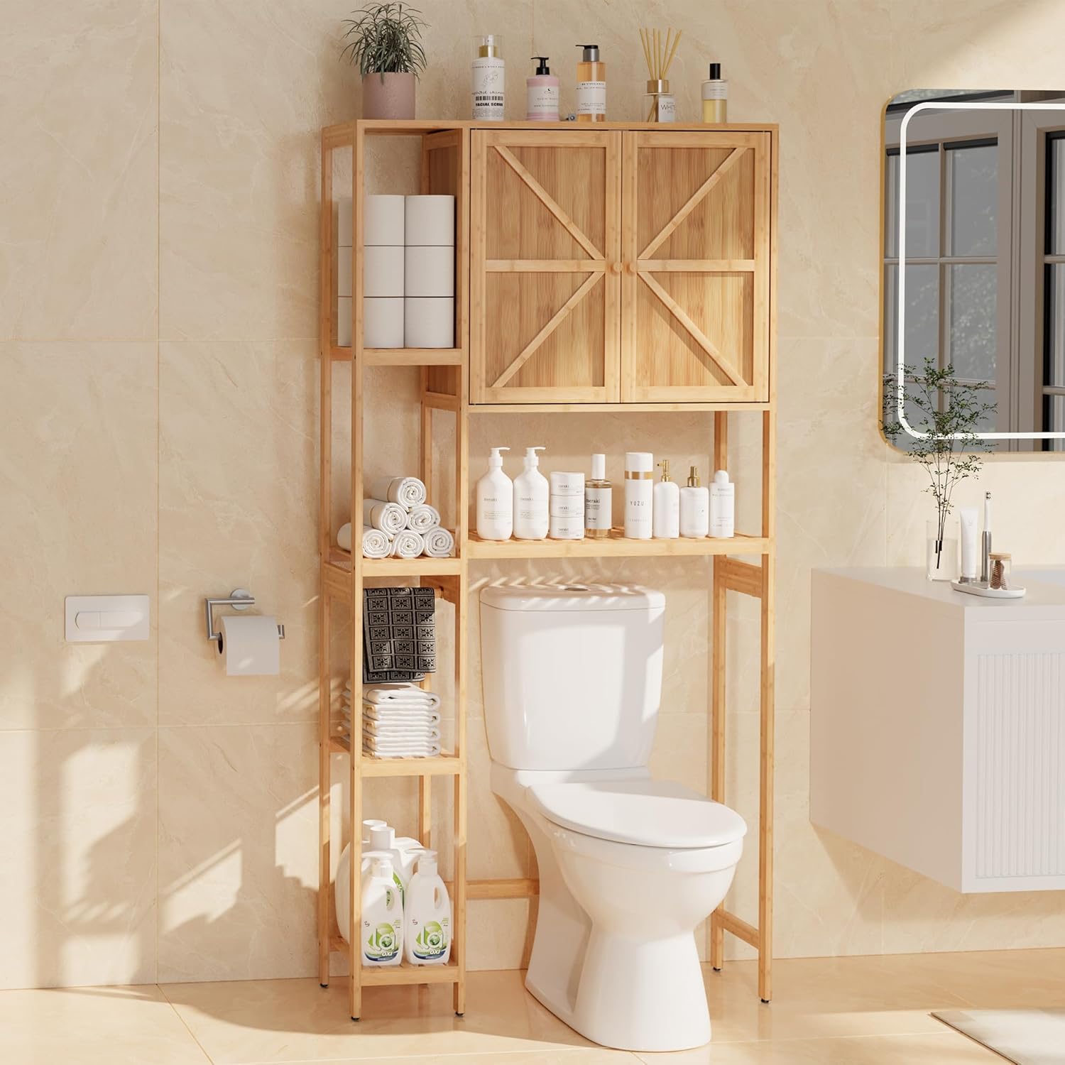 Bamboo Over The Toilet Storage, Above Toilet Organizer Storage Shelf Stand, Tall Freestanding Behind Toilet Rack Towel, Tiered Bathroom Space Saver Shelving, Easy Assembly (Natural)