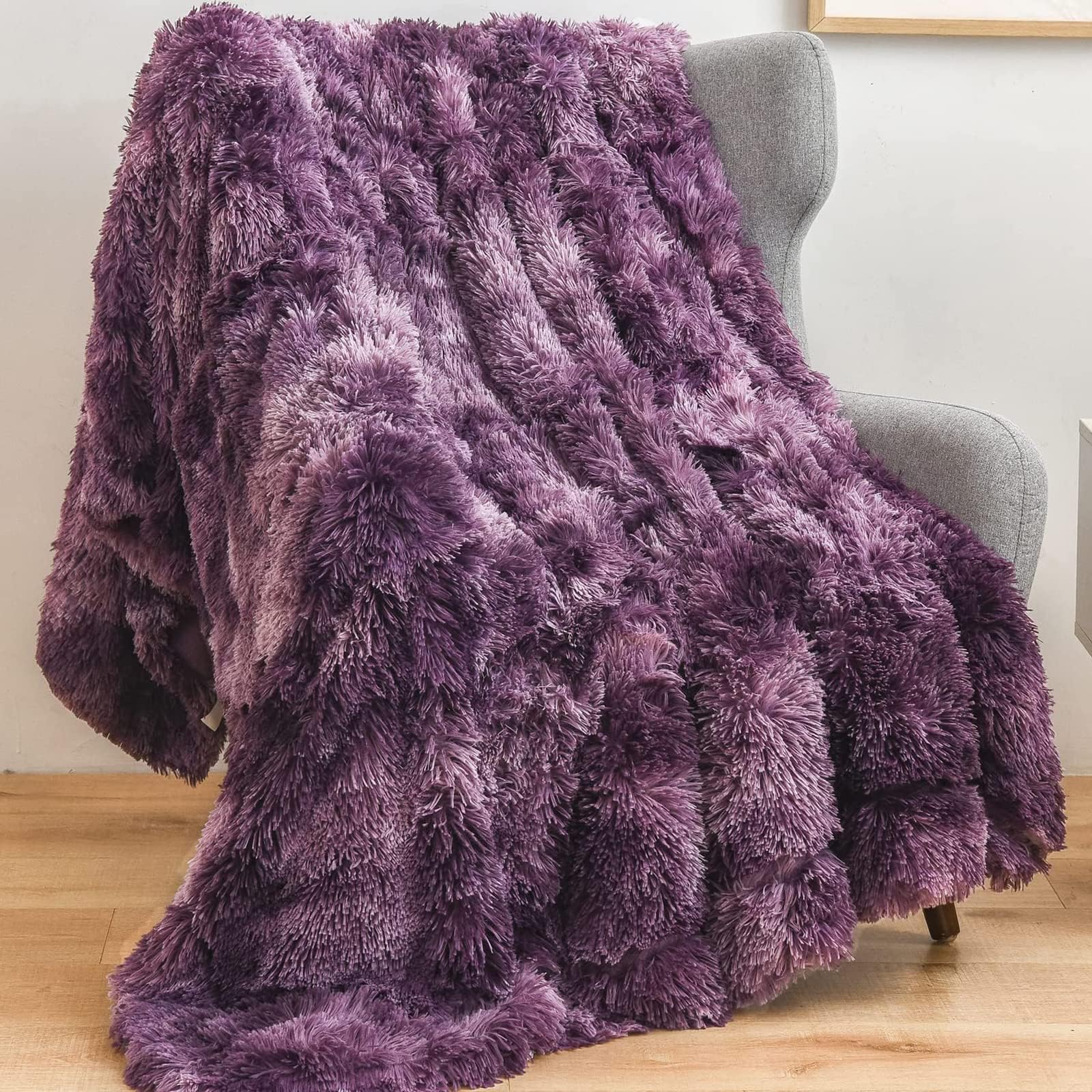 GONAAP Fuzzy Faux Fur Twin Blanket for Couch, Violet Purple, 60"x80" | Warm Cozy Plush Shaggy Decorative Reversible Thick Non-Heated Fleece Blanket for Sofa Bed, Gift for Women Men, All Season Use