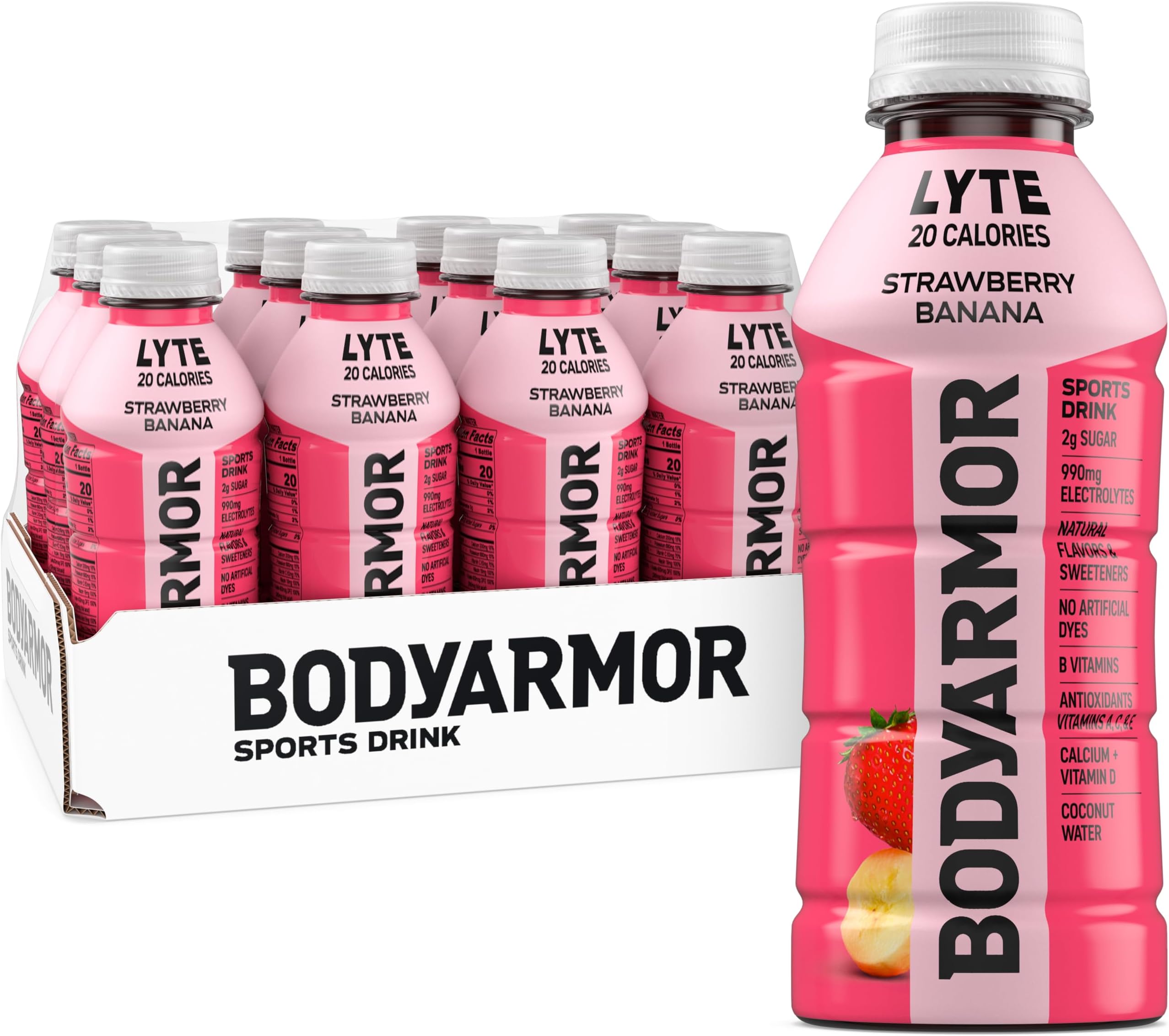 BODYARMOR LYTE Sports Drink Low-Calorie Sports Beverage, Strawberry Banana, Coconut Water Hydration, Natural Flavors With Vitamins, Potassium-Packed Electrolytes, Perfect For Athletes, 16 Fl Oz (Pack