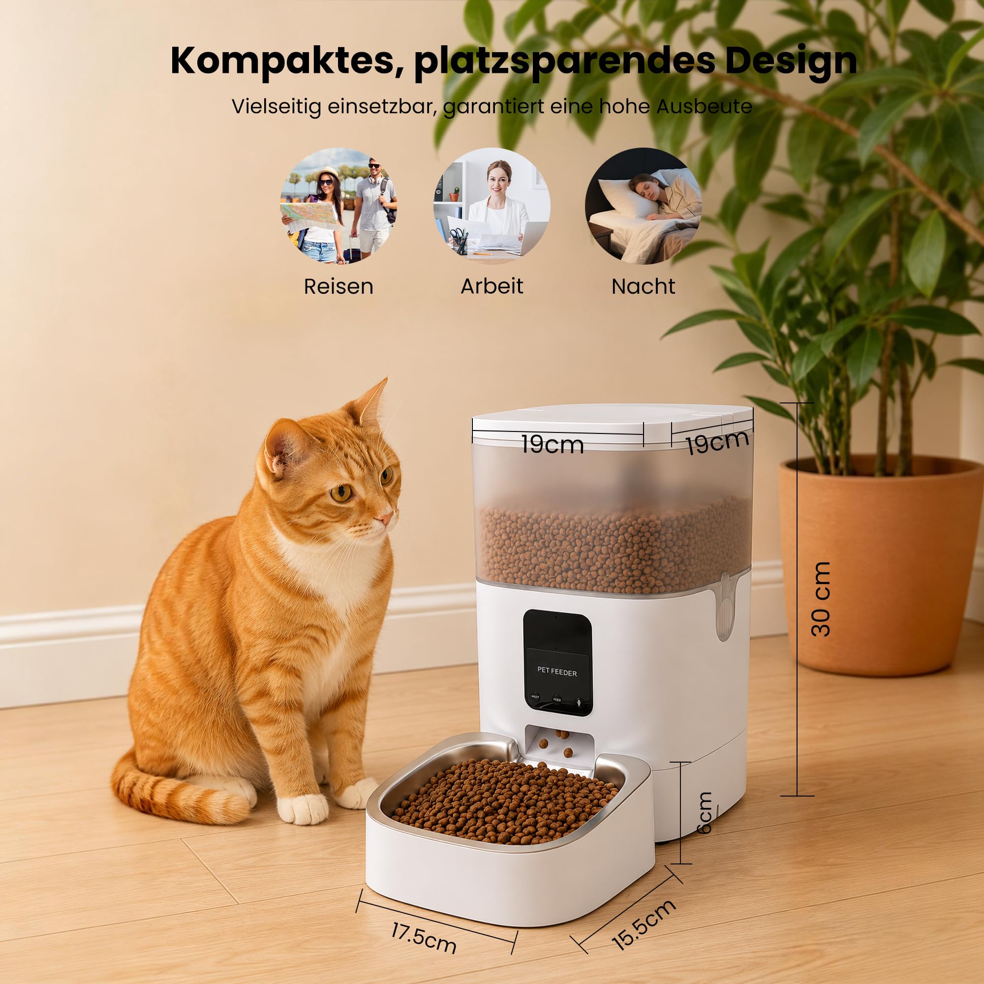 Futterautomat Katze, 4L Katzenfutter Automat, 2,4 G WiFi Katzen Futterautomat mit APP Steuerung, Futterspender Katze mit Edelstahlnapf für Katzen & Hunde, Weiß