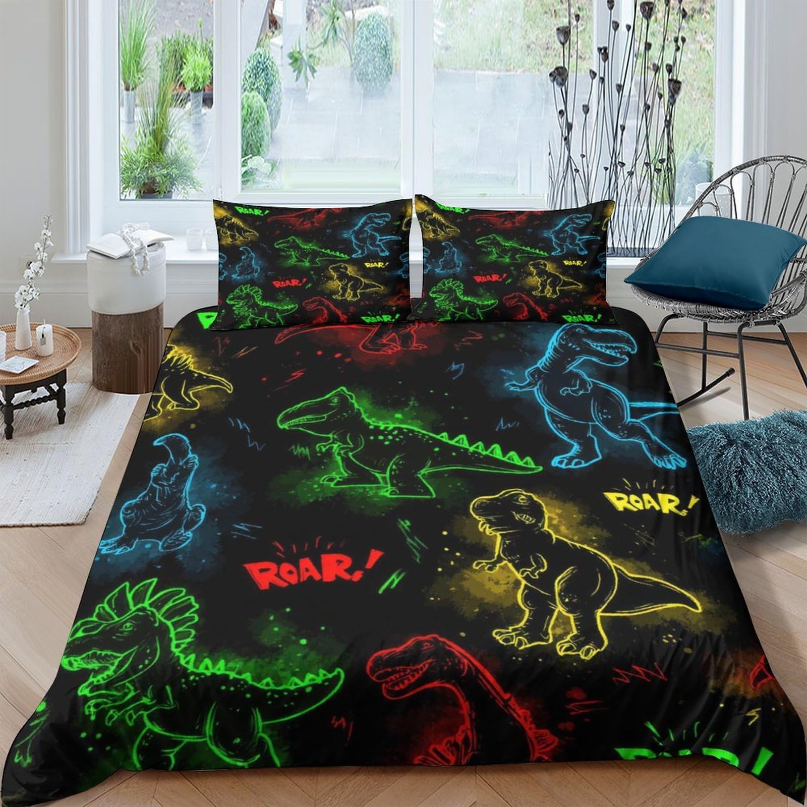 Ctjqhvkz Style-8 3D Printed Neon Dinosaur Fitted Sheet Microfiber Soft Breathable Graffiti T-Rex Mattress Cover Bedroom Decor Single（135X200cm）