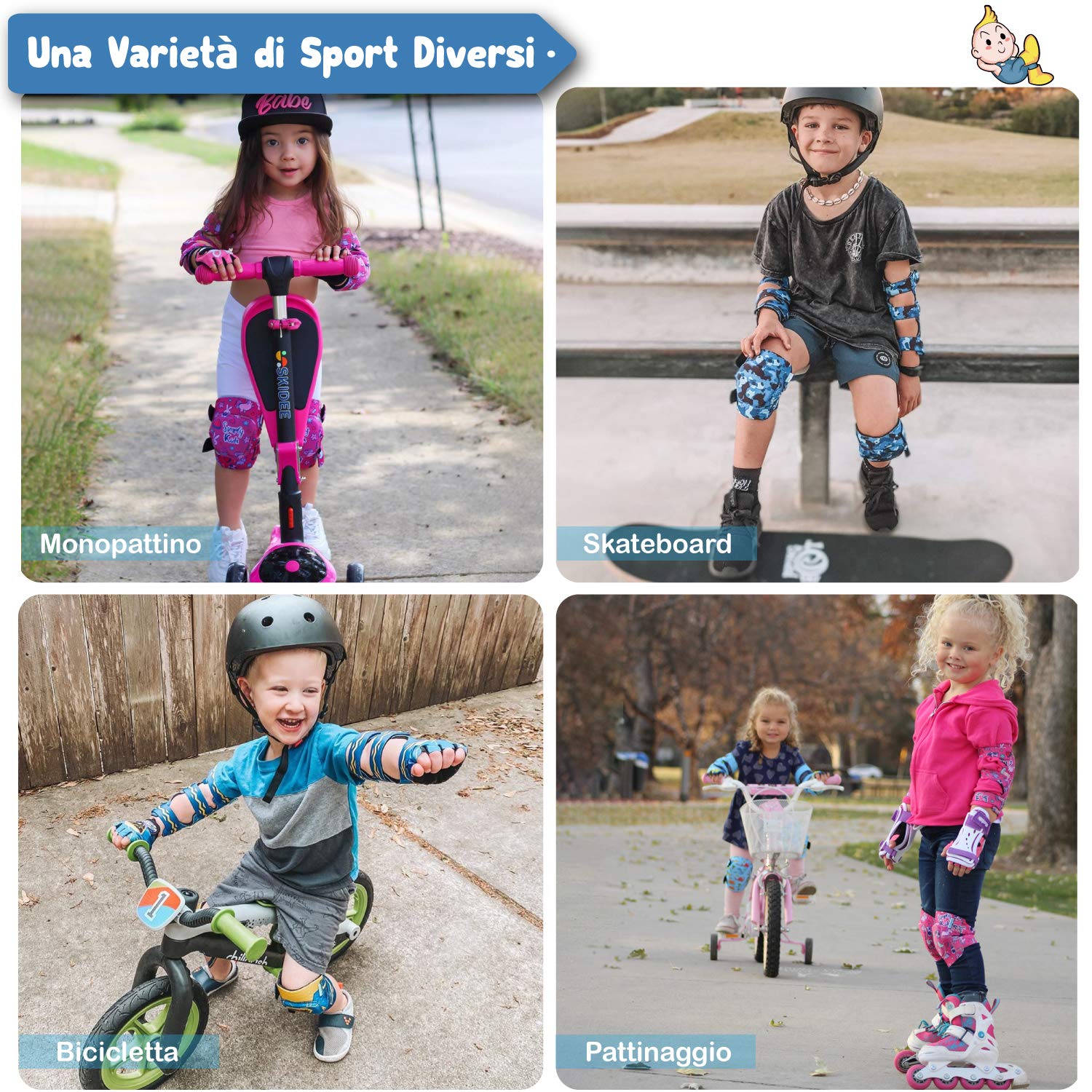 Simply Kids Gomitiere e Ginocchiere Bambini con Guanti Bicicletta I Protezioni Pattini Bambina con Borsa In Rete I Ginocchiere Pattini Bambina per Pattini