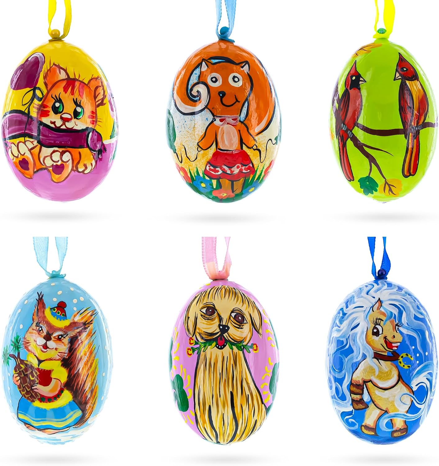 Set of 6, Dog, Cat, Cardinals Birds Wooden Christmas Ornaments 3 Inches