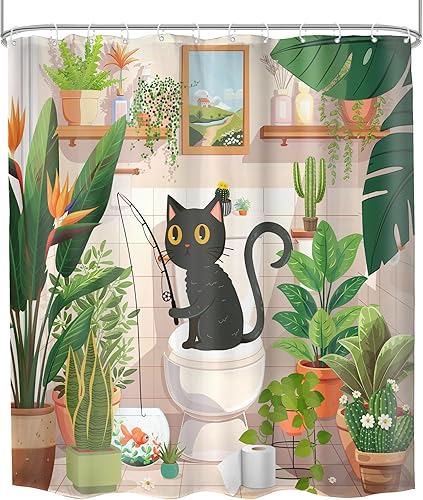 Miniatura 8 de Cortina de ducha con gato divertido para niños, 60 pulgadas de ancho x 72 pulgadas de alto, gato negro, gatito de dibujos animados, animal tropical,