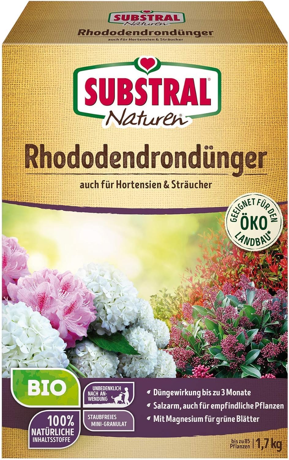 Substral Naturen Bio Rhododendron Dünger, 1,7 kg - für Rhododendren und Hortensien, Nadelgehölze und Sträucher