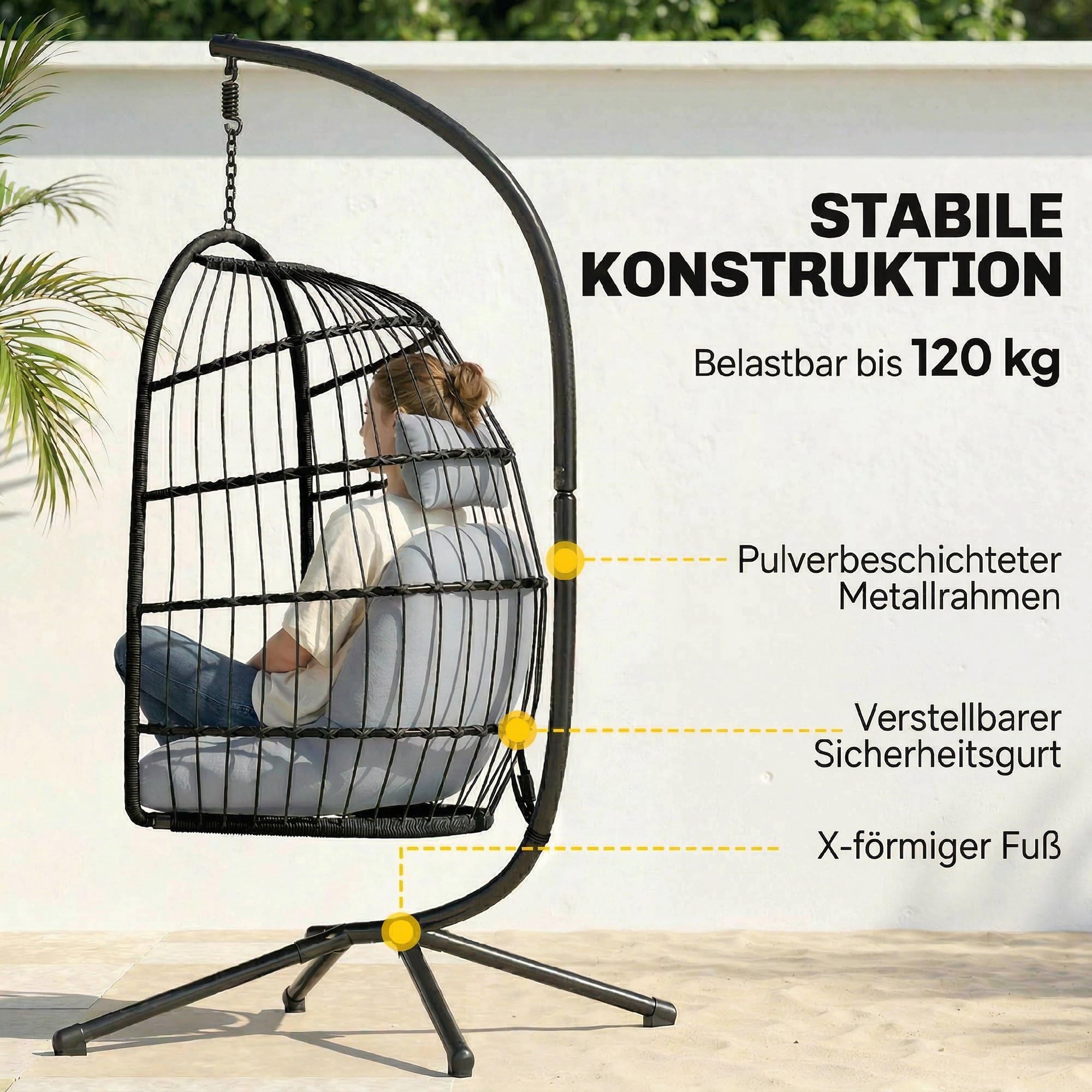Outsunny Hängesessel mit Gestell faltbar Polyrattan Hängekorb mit Kissen | Sicherheitsgurt, Kopfstütze, Bänder, X-Bein, Höhenverstellbar, Hängeschaukel, Outdoor Hängestuhl für Balkon Terrasse