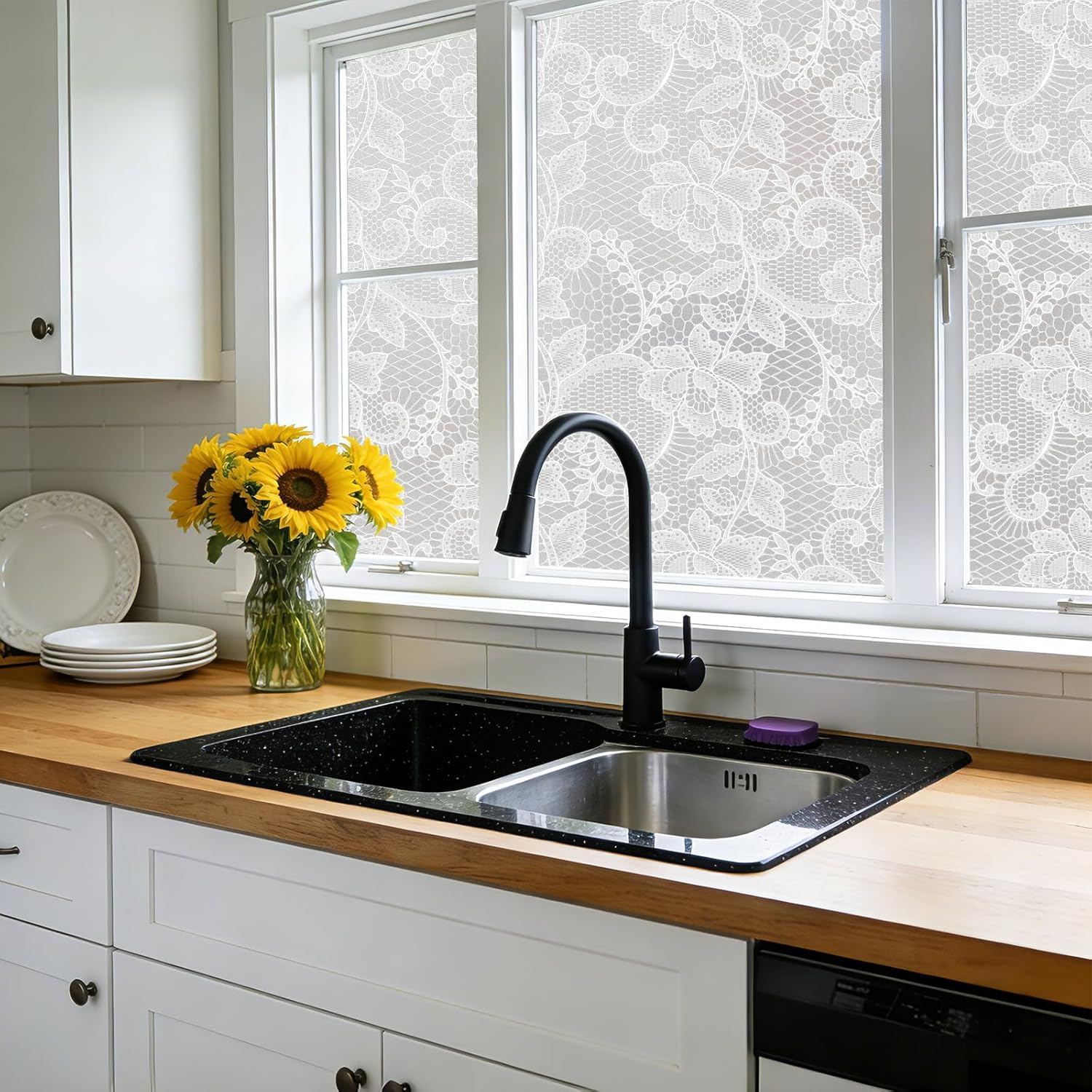 NINETREX Frosted Window Privacy Film, White Lace Stained Glass Window Film, Static Cling Removable Privacy Decal, Sun Blocking Decorative Tint with Effect for Home, Doors and Office, 35.4 x 78.7 inch
