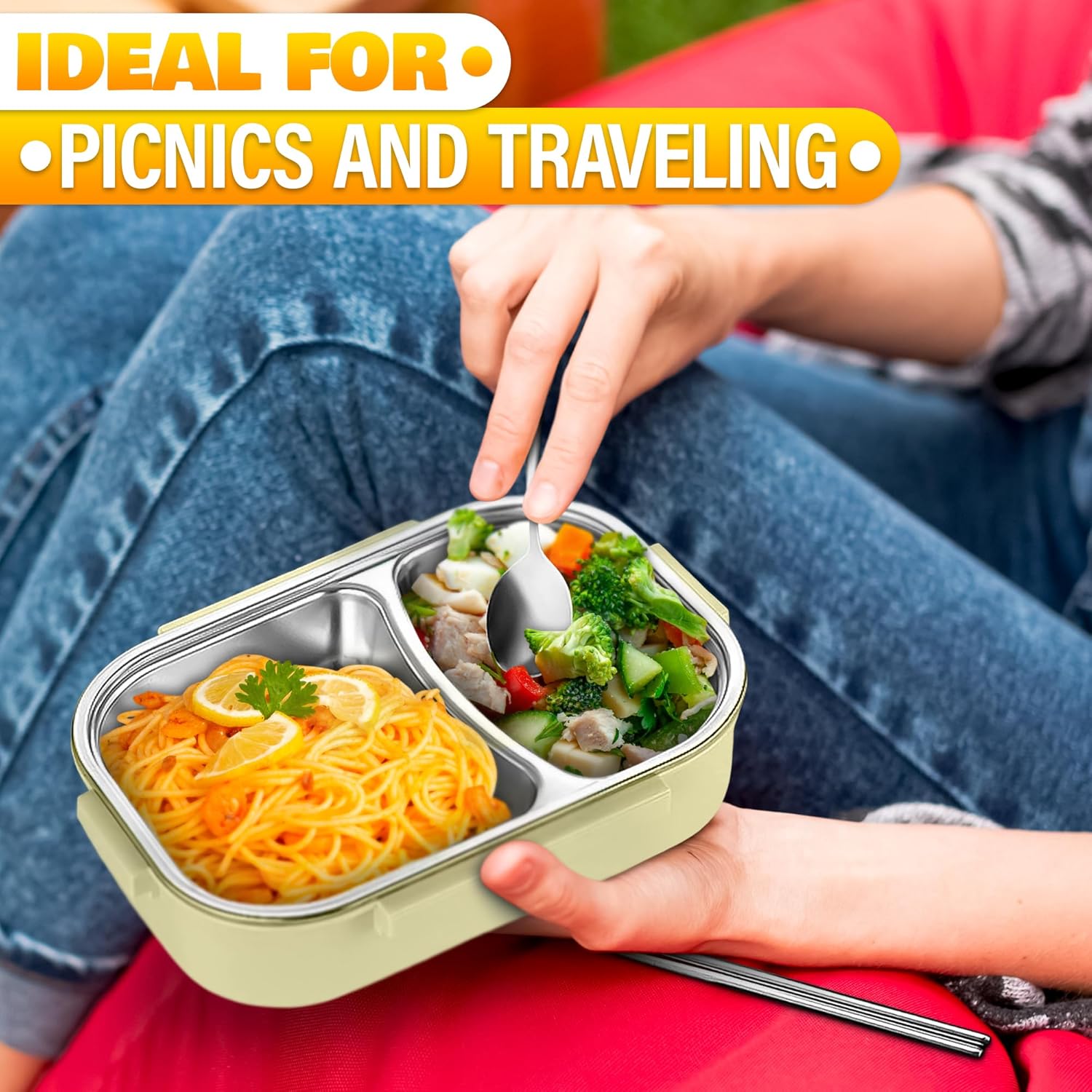 Hot Meal Retaining Lunch Container - Hot Food Toper, Office Lunch Containers with Compartments, Stainless Steel & Durable Plastic, Easy Use & Clean | Cutlery Set Included, Great For Office and Travels - Image 9