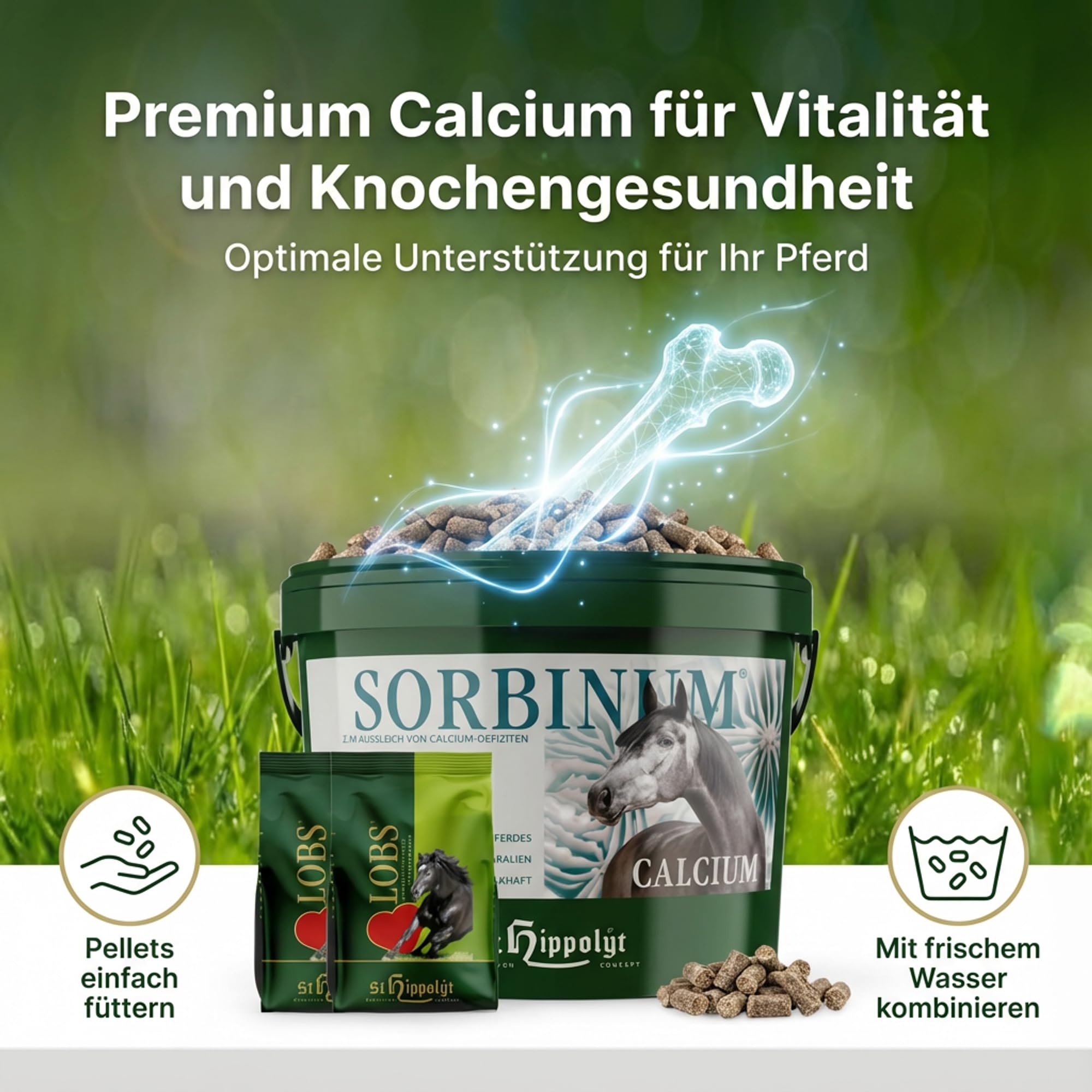 St. Hippolyt Sorbinum Calcium Pferdefutter mit Meeresmineralien und Korallenkalk, pelletiert für erhöhten Calciumbedarf, inkl. Belohnungswürfel – stärkt Knochen und Vitalität