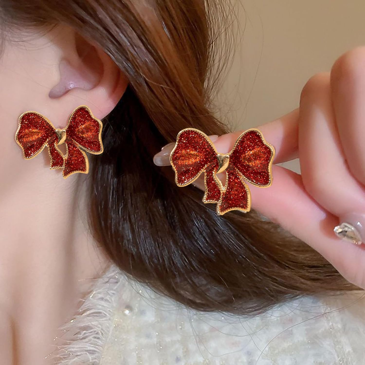 Christmas Earrings for Women Red Bow Earrings Xmas Green Bow Statement Stud Winter Holiday Jewelry New Years Festive Accessories - Image 3