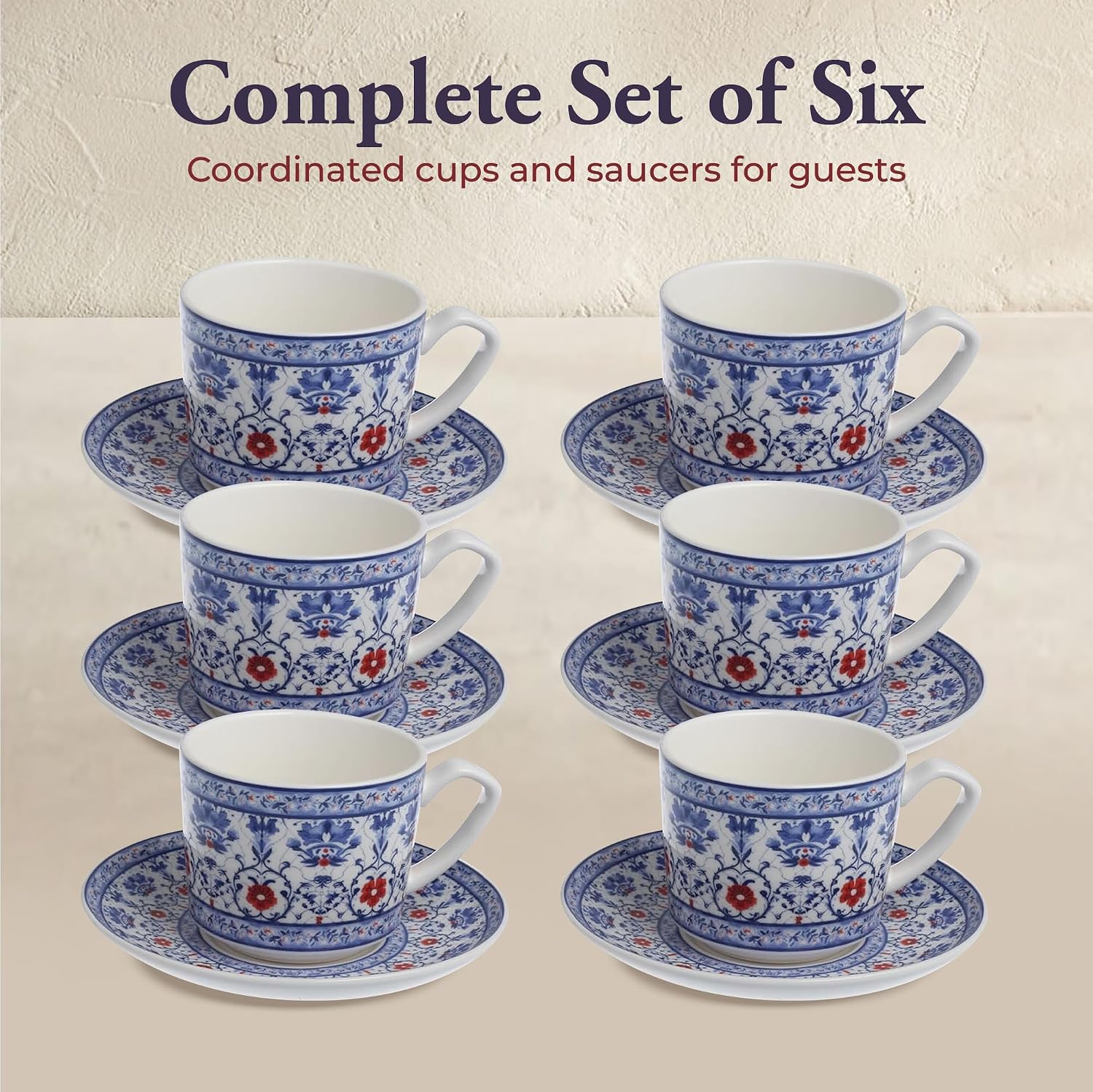 Zagara Home Zagros Porcelain Coffee Cup Set of 6, Espresso Cups and Saucers Set, Turkish Coffee Cups, French Coffee Cups, Lightweight Porcelain Vintage Small Cups for Coffee and Tea