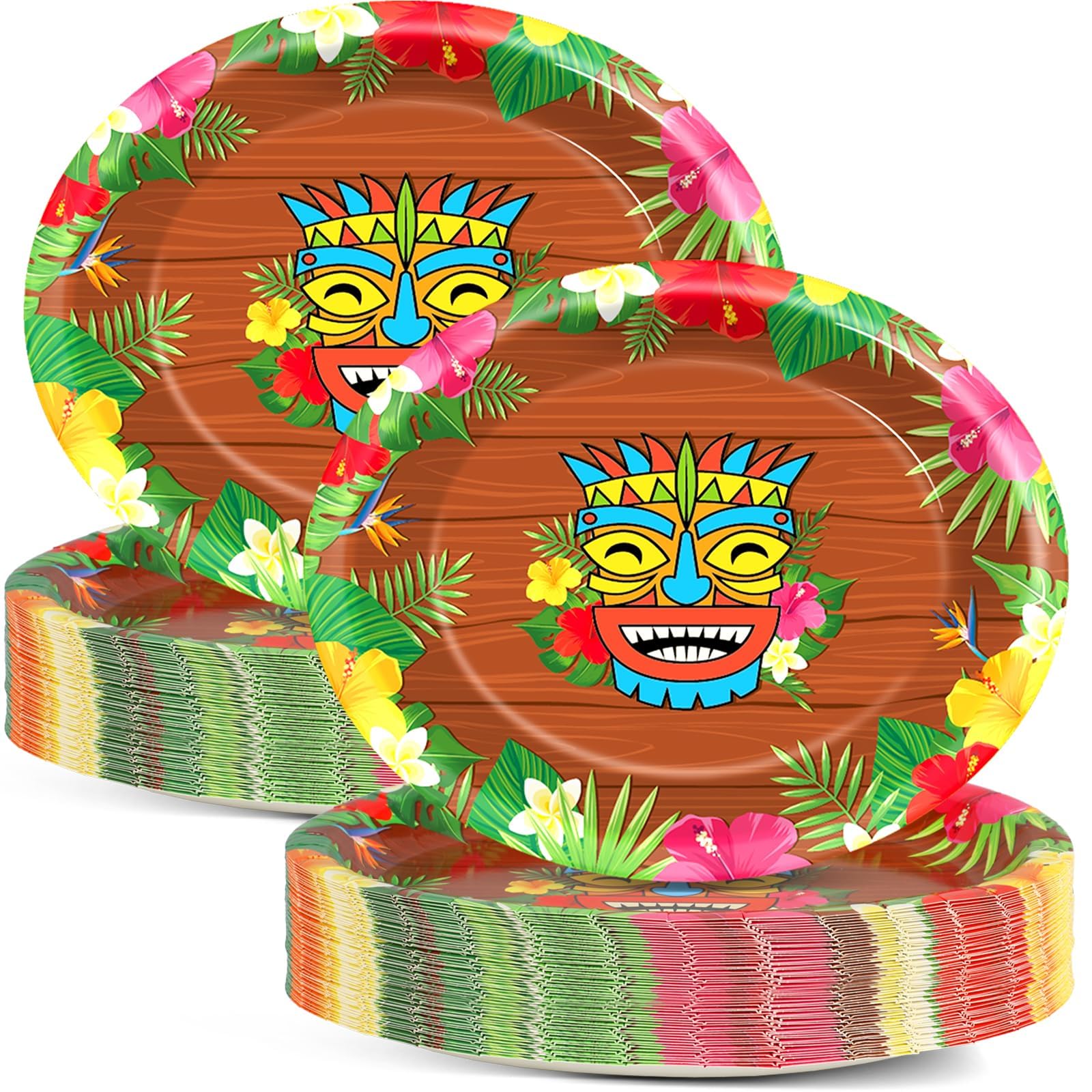 CHUNNIN 50Pcs Hawaiian Luau Oval Paper Plates 11 Inch Tiki Party Decorations Tropical Luau Disposable Dinnerware Plates Summer Serving Tray for