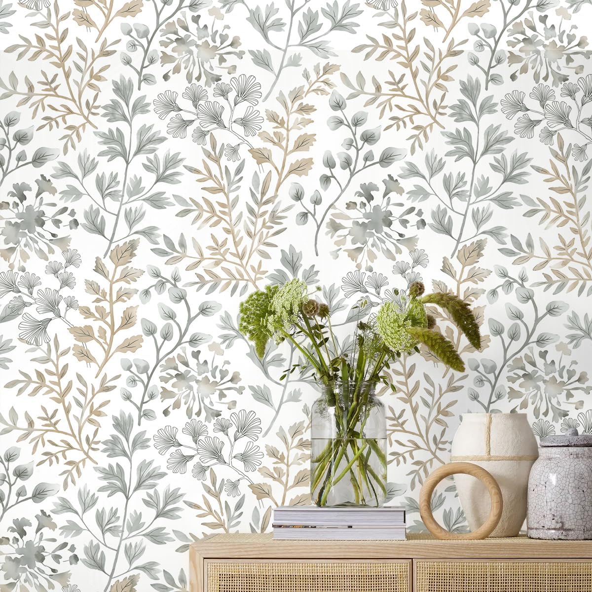 Rugreat Vintage Leaf Peel and Stick Wallpaper Boho Gray/Brown Contact Paper for Cabinets Self-Adhesive Removable Wallpaper for Bedroom Decor Botanical Contact Paper Bathroom Waterproof 393inL17.3inW