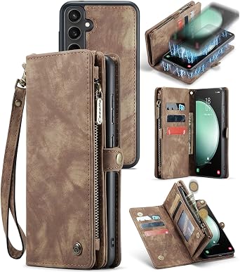 Case for Samsung Galaxy S23 FE,Genuine Leather Wallet Detachable Magnetic Cell Phone Cover Wireless Charge Zipper Purse RFID Blocking Card Slot Holster for Galaxy S23 FE Brown