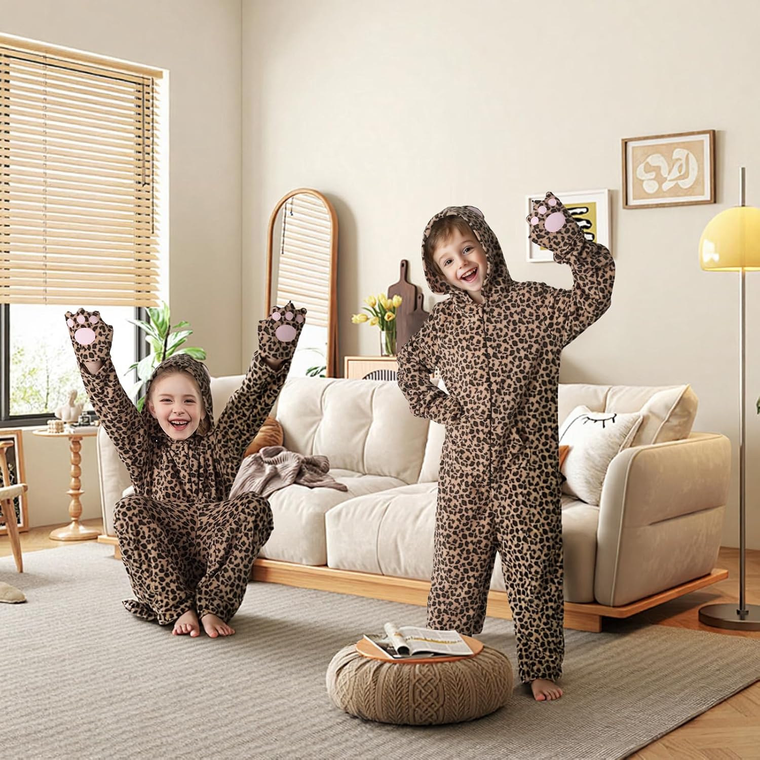 Kids Cheetah Onesie Pajamas - Flannel Leopard Print Animal Jumpsuit, Halloween Cosplay Costume for Boys Girls - Image 3