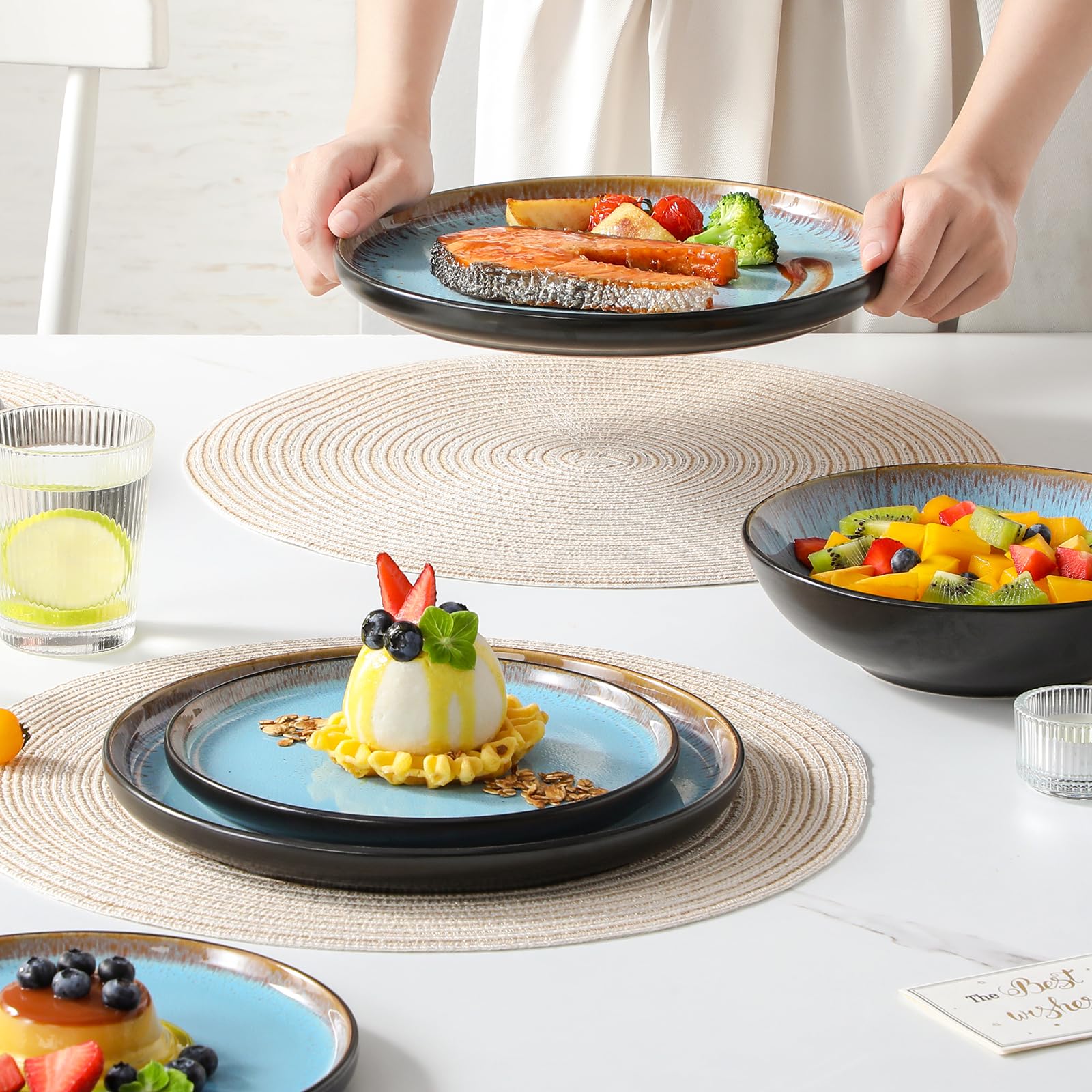 vancasso AMBER Juego de Vajilla Completo para 6 Personas, Plato Vajilla 24 Piezas de Gres - Platos Llanos, Platos de Postre, Ensaladeras y Cuencos - Apto para Lavavajillas, Esmalte Reactivo Azul