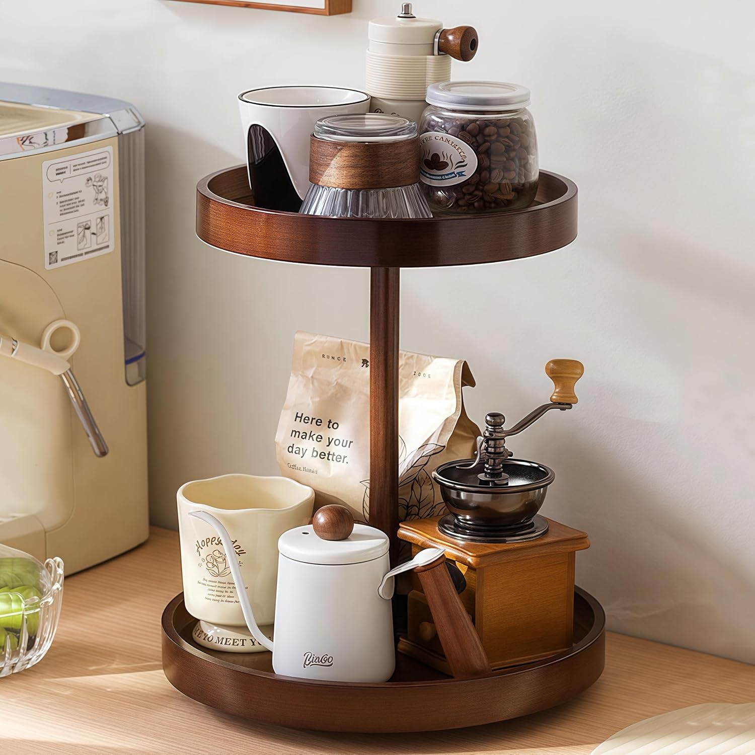 2-Tier Bamboo 360° Rotating Makeup Organizer Vanity Shelf | Turntable storage tray, holds cosmetics, perfume & facial care, fits bathroom, dresser or kitchen countertops