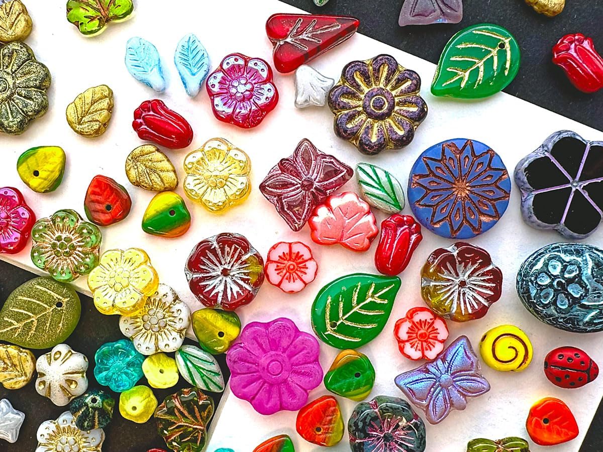 2,29 oz (65 g) Assorted Beads Mix: Czech Glass Beads, Flower & Leaf Shapes - Flower Beads for Jewelry Making - Image 4