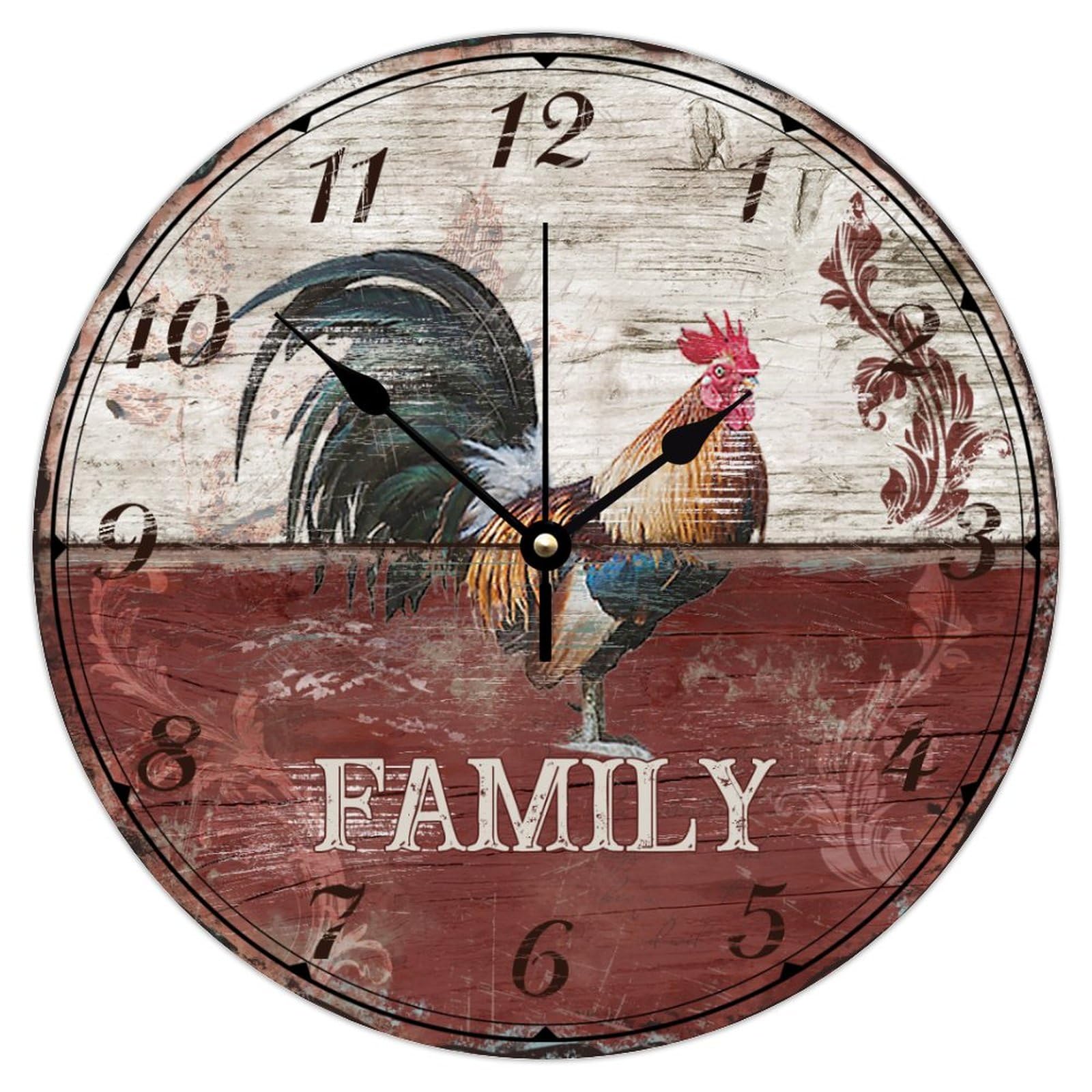 Minimalist Wood Clock Analog Round Non-Ticking Farmhouse Rooster Animal Family Country Wall Clocks Cockerel Chicken Paintings Farm Home Decor for Family Room Kitchen Auto Shop 10 Inch